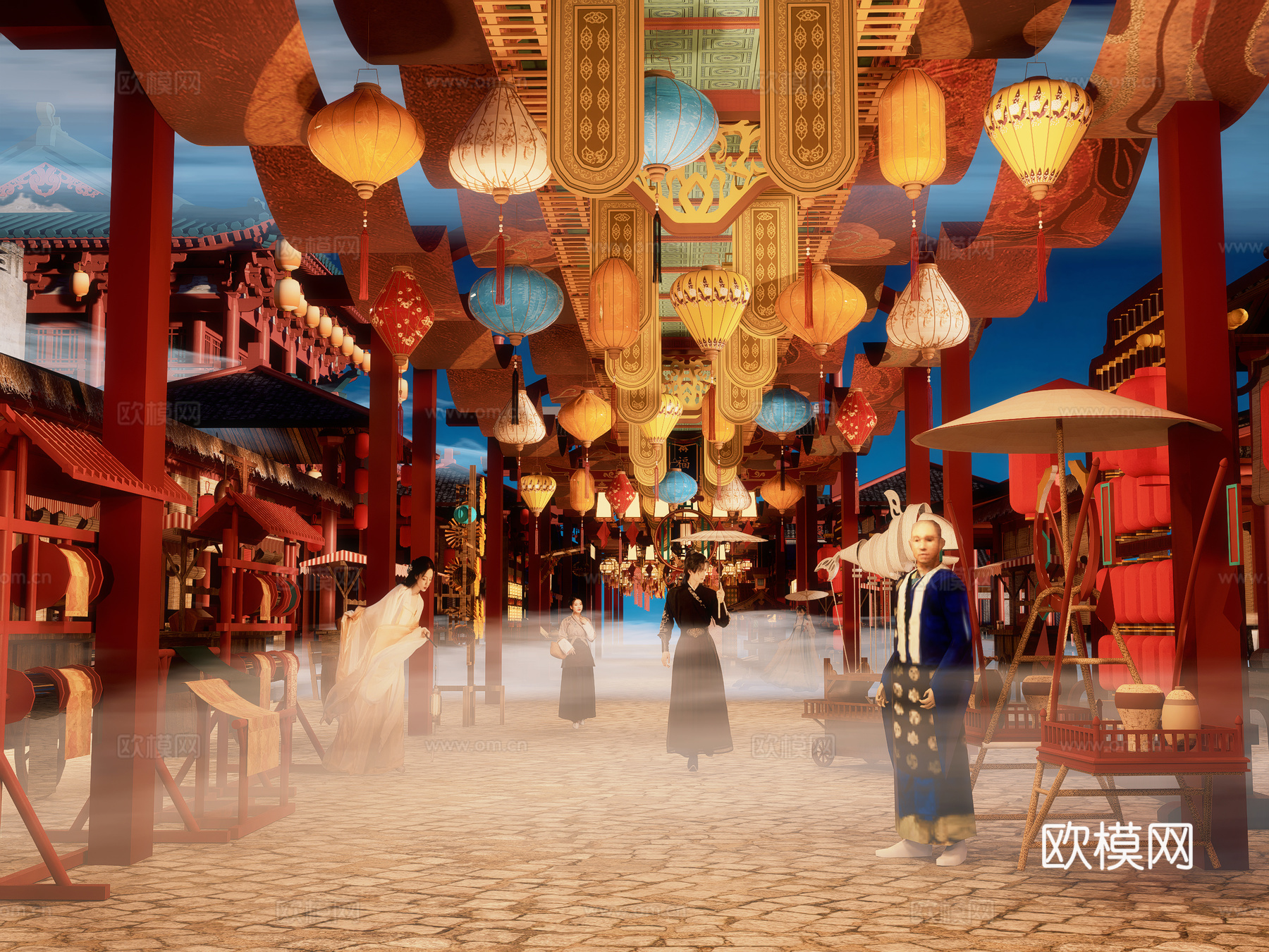 网红打卡国潮古风古镇集市su模型