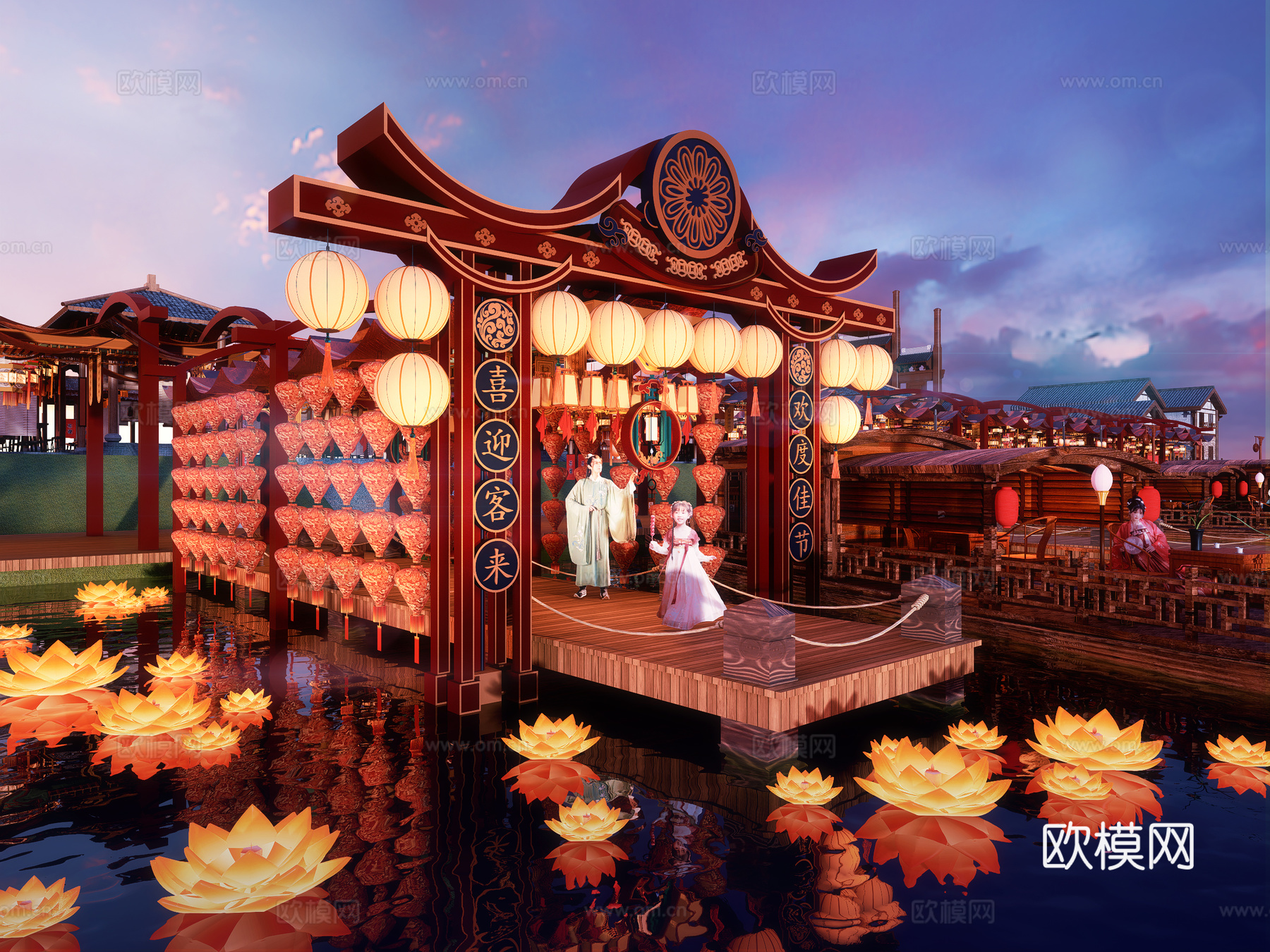 网红打卡国潮古风古镇集市su模型