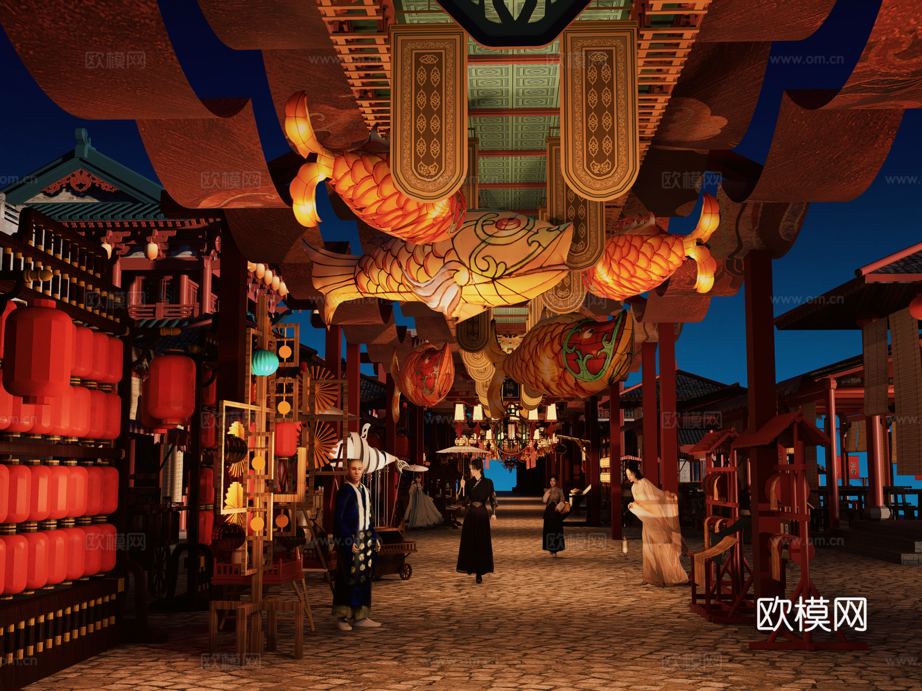 网红打卡国潮古风古镇集市su模型