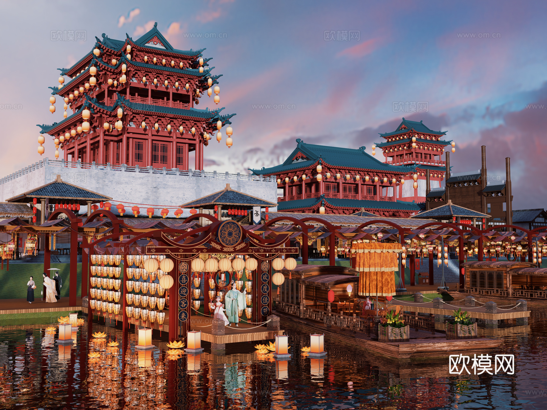 网红打卡国潮古风古镇集市su模型