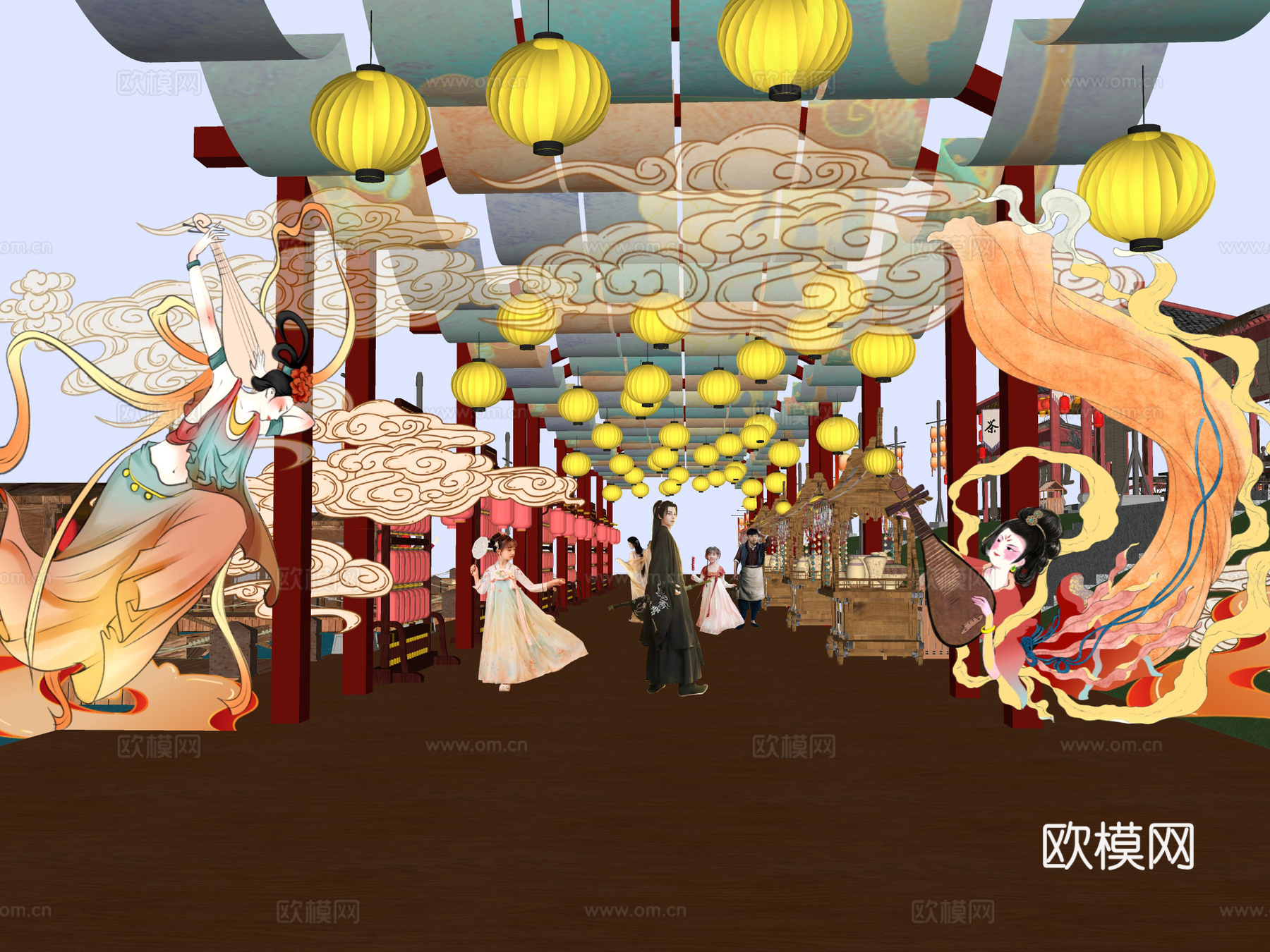 网红打卡国潮古风古镇集市su模型