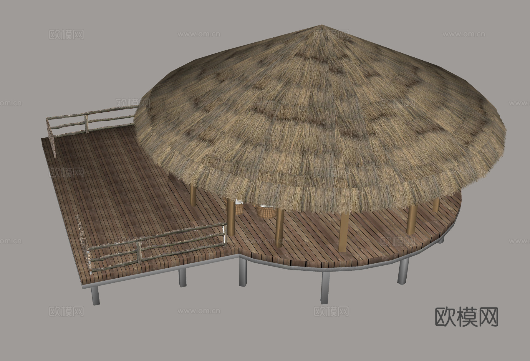 茅草亭 圆形茅草屋 户外休闲亭 木质平台 度假风建筑su模型