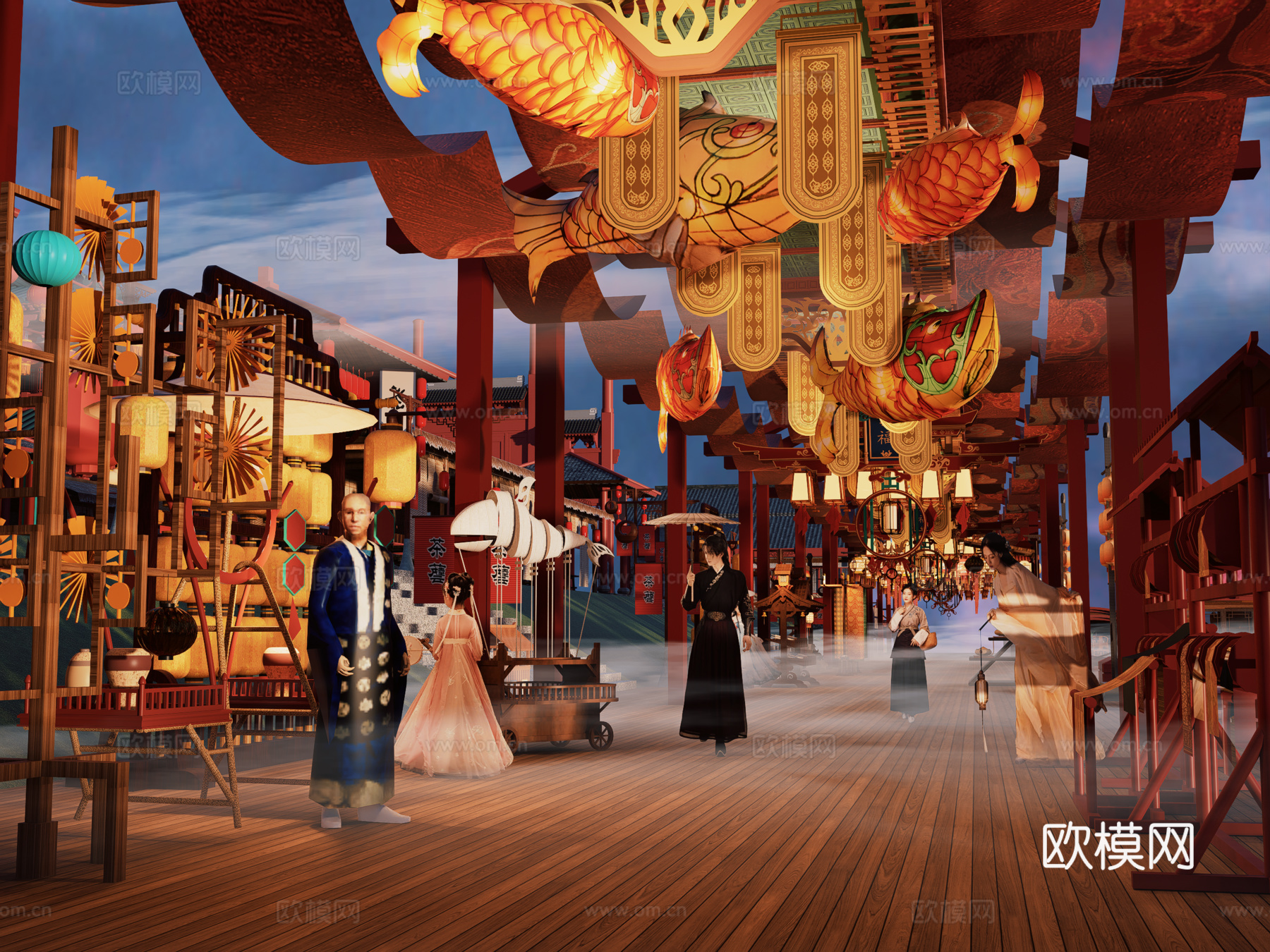 网红打卡国潮古风古镇集市su模型