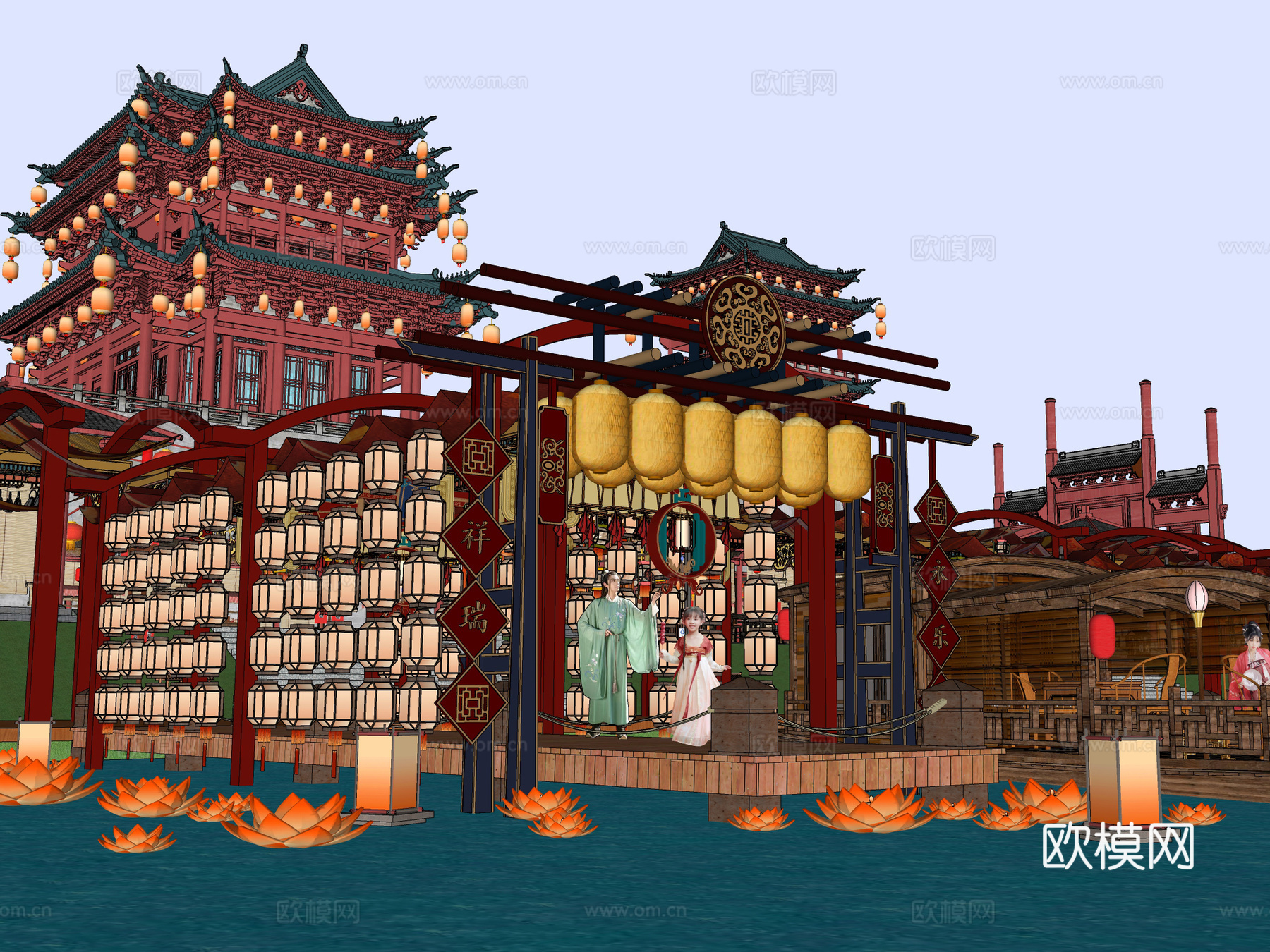 网红打卡国潮古风古镇集市su模型