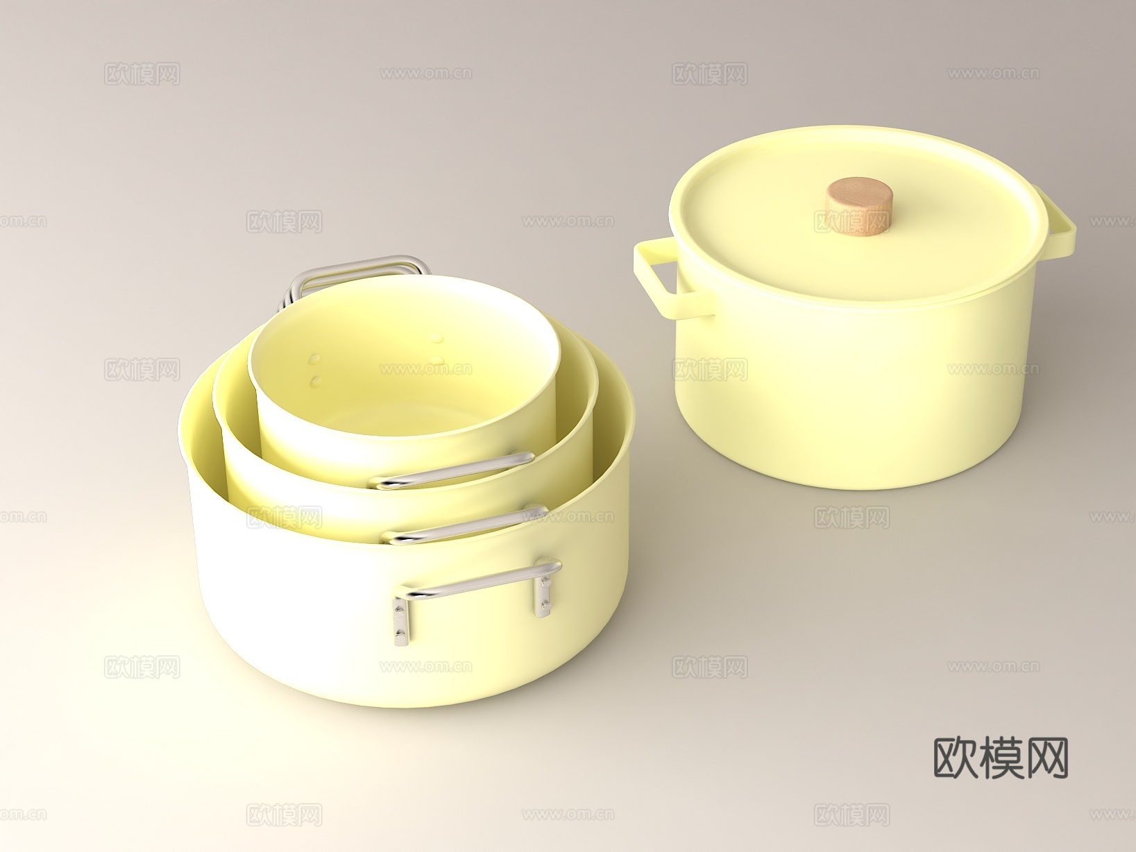 奶黄色锅具套装 双耳汤锅 不粘汤锅 可叠放厨具 高颜值厨房好su模型