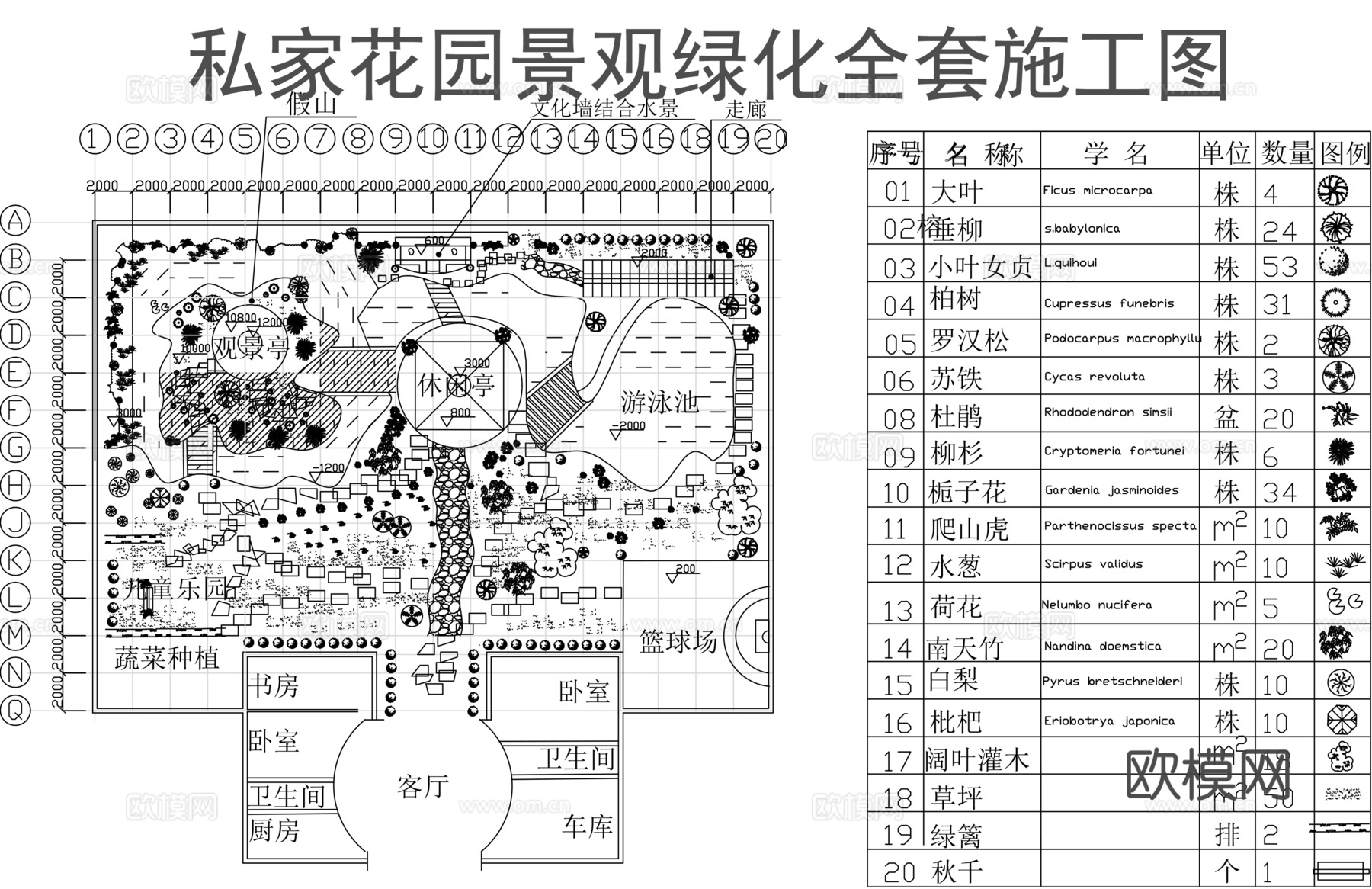 别墅庭院景观平面cad施工图