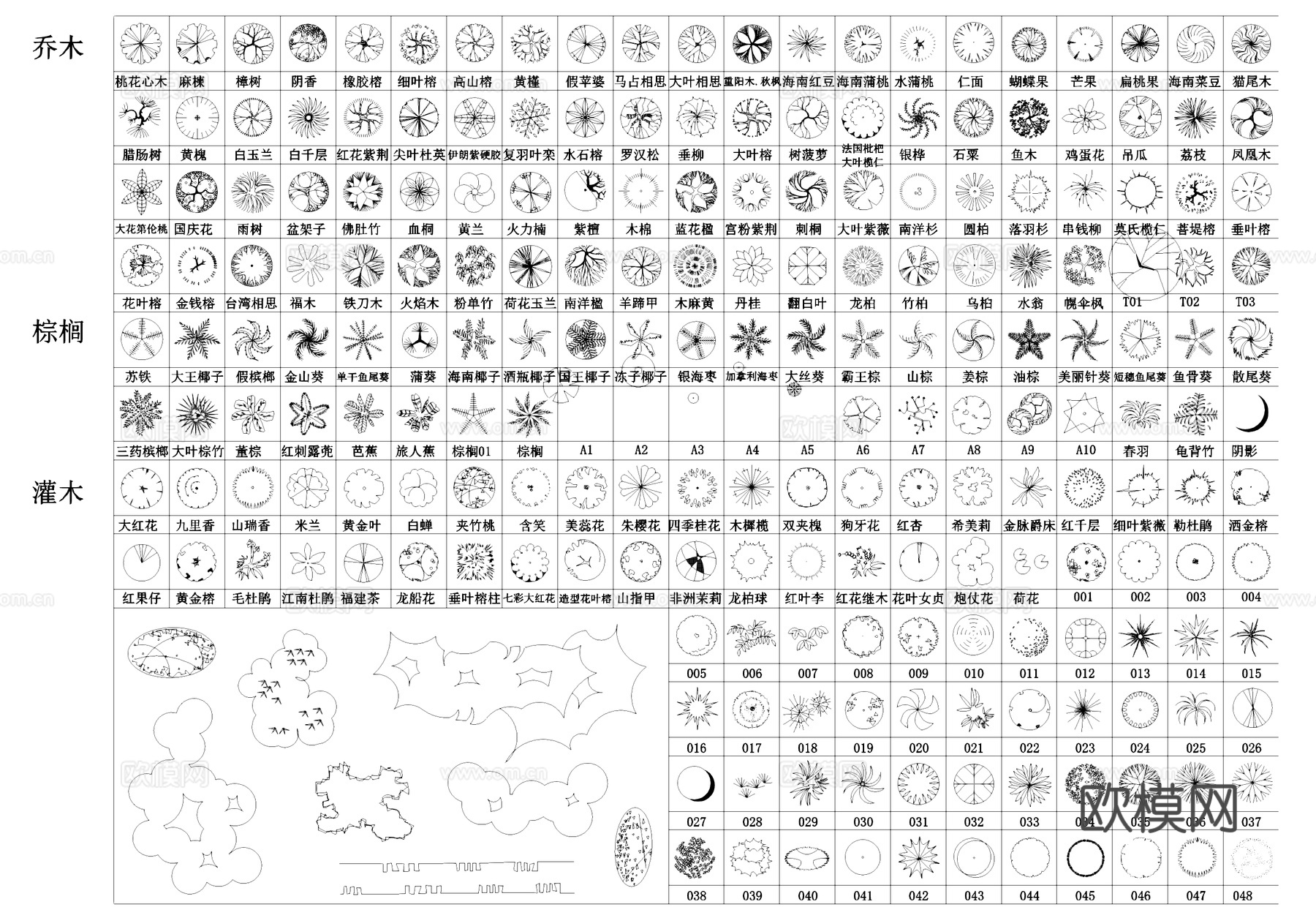 景观植物图块图例图库CAD施工图cad施工图