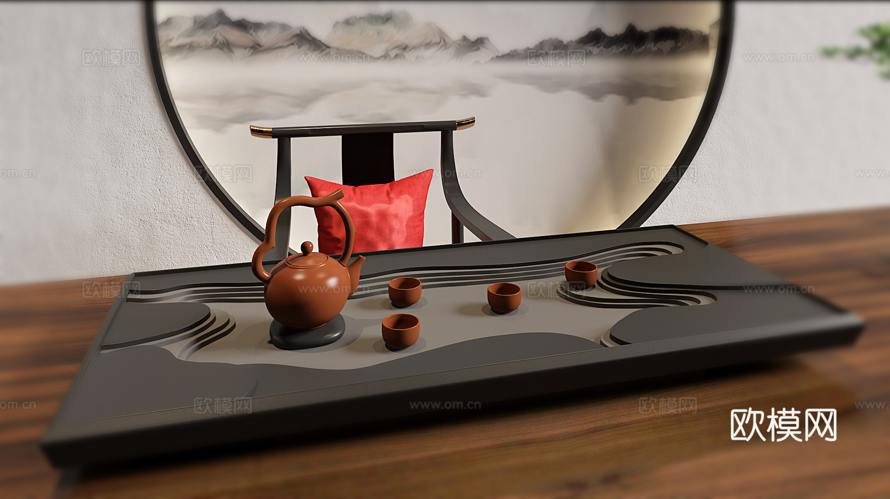 新中式轻奢茶室组合 矮凳 单椅 茶盘3d模型下载（渲染图2）