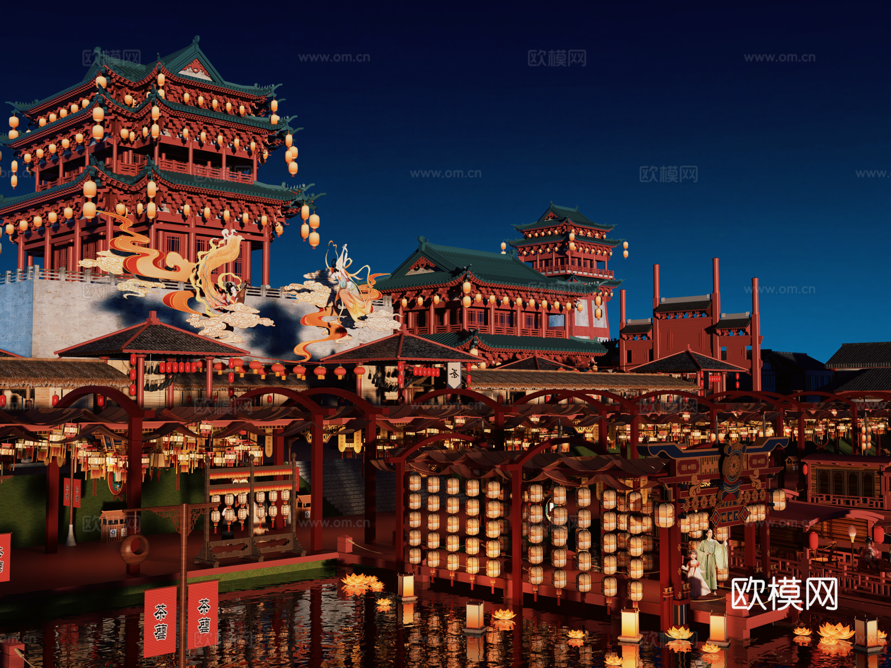 网红打卡国潮古风古镇集市su模型