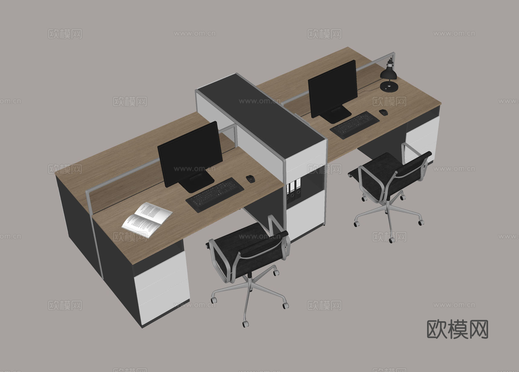 办公桌椅组合  双人办公位 现代办公家具 职员办公桌su模型