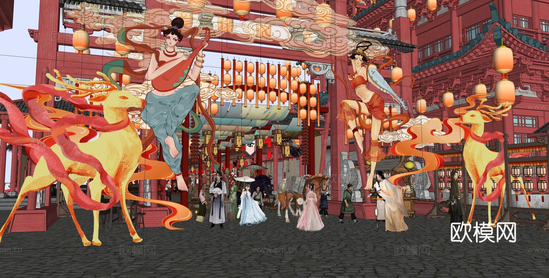 网红打卡国潮古风古镇集市su模型