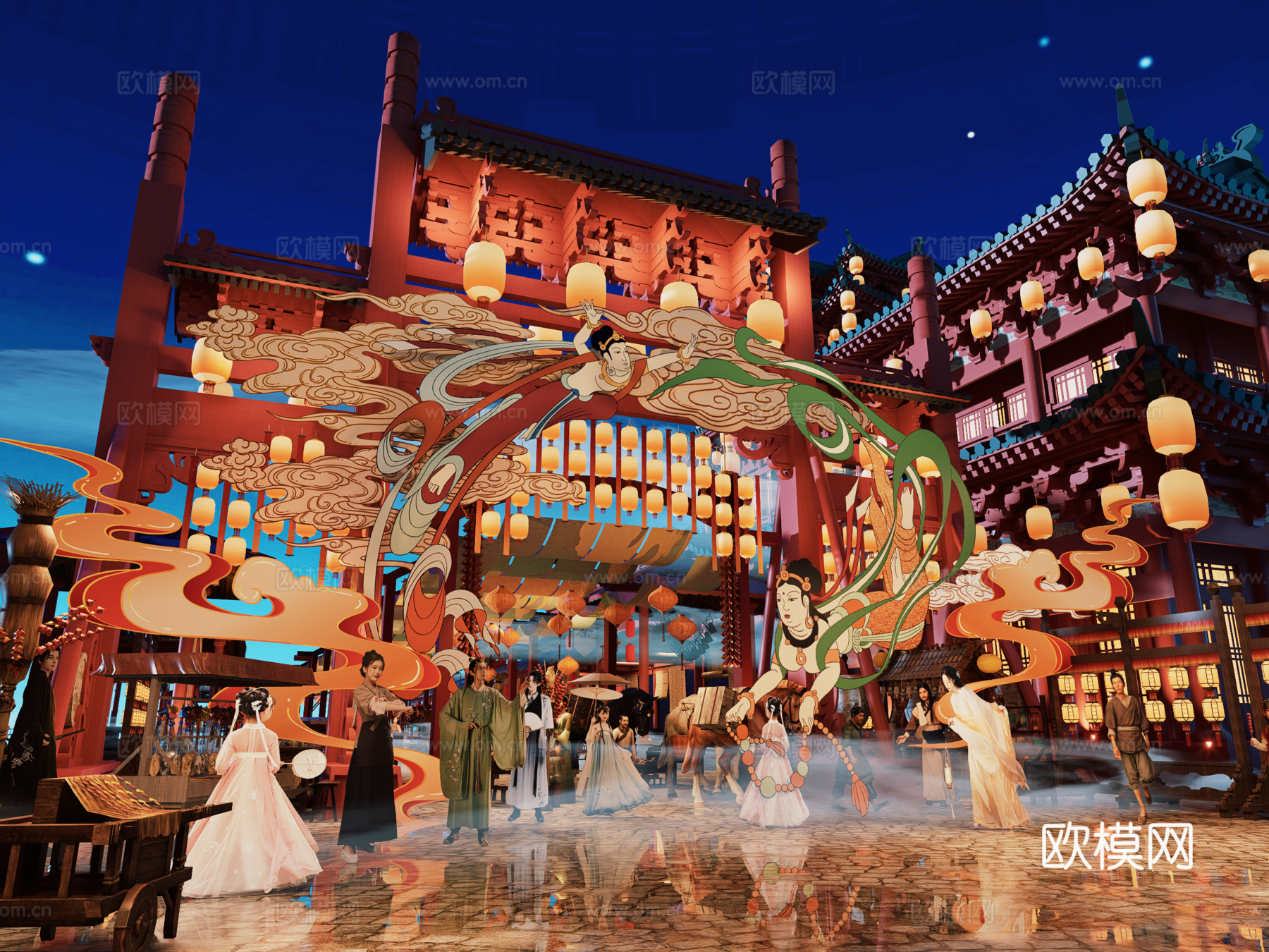 网红打卡国潮古风古镇集市su模型