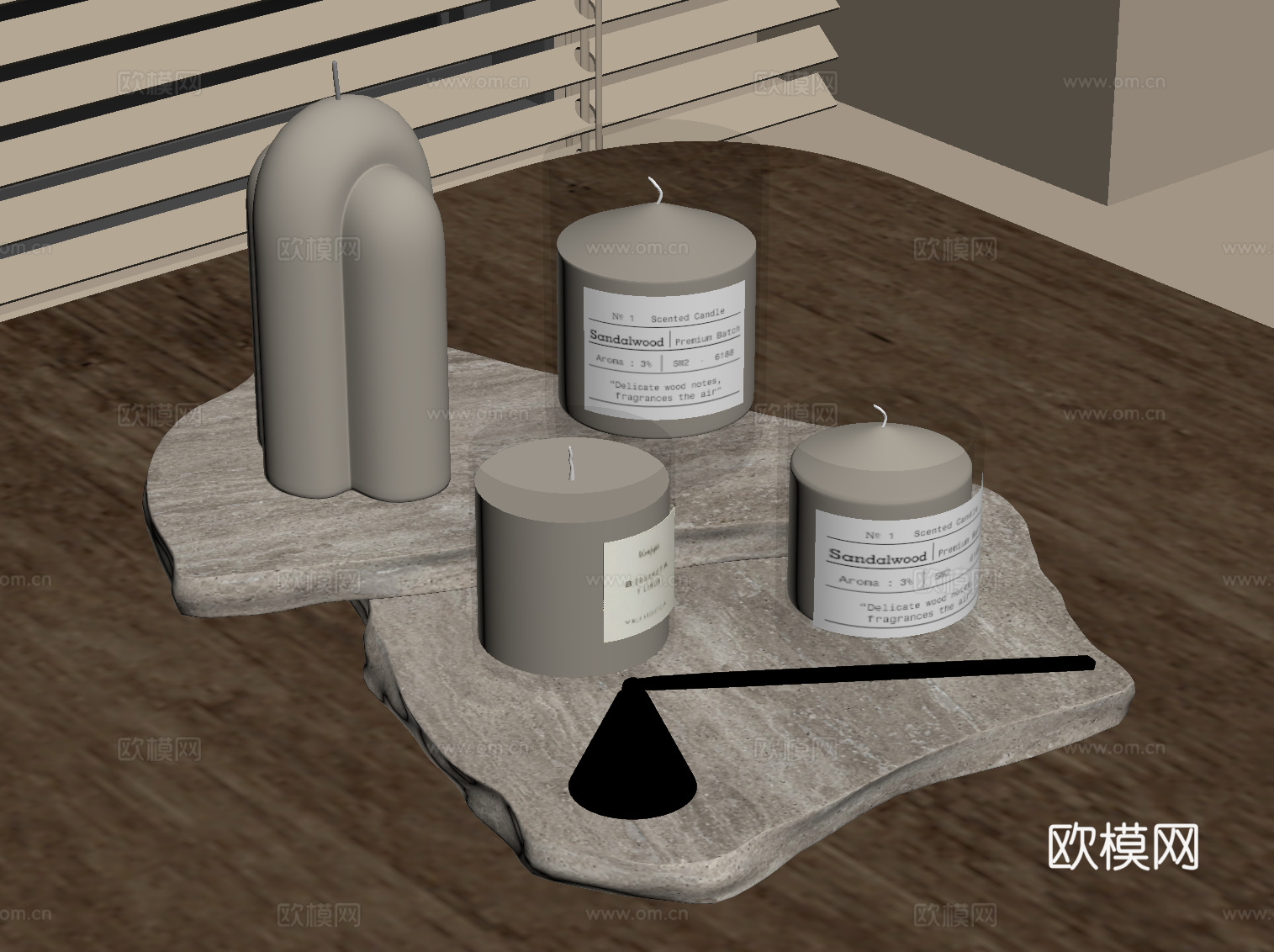 侘寂中古托盘 摆件 蜡烛su模型