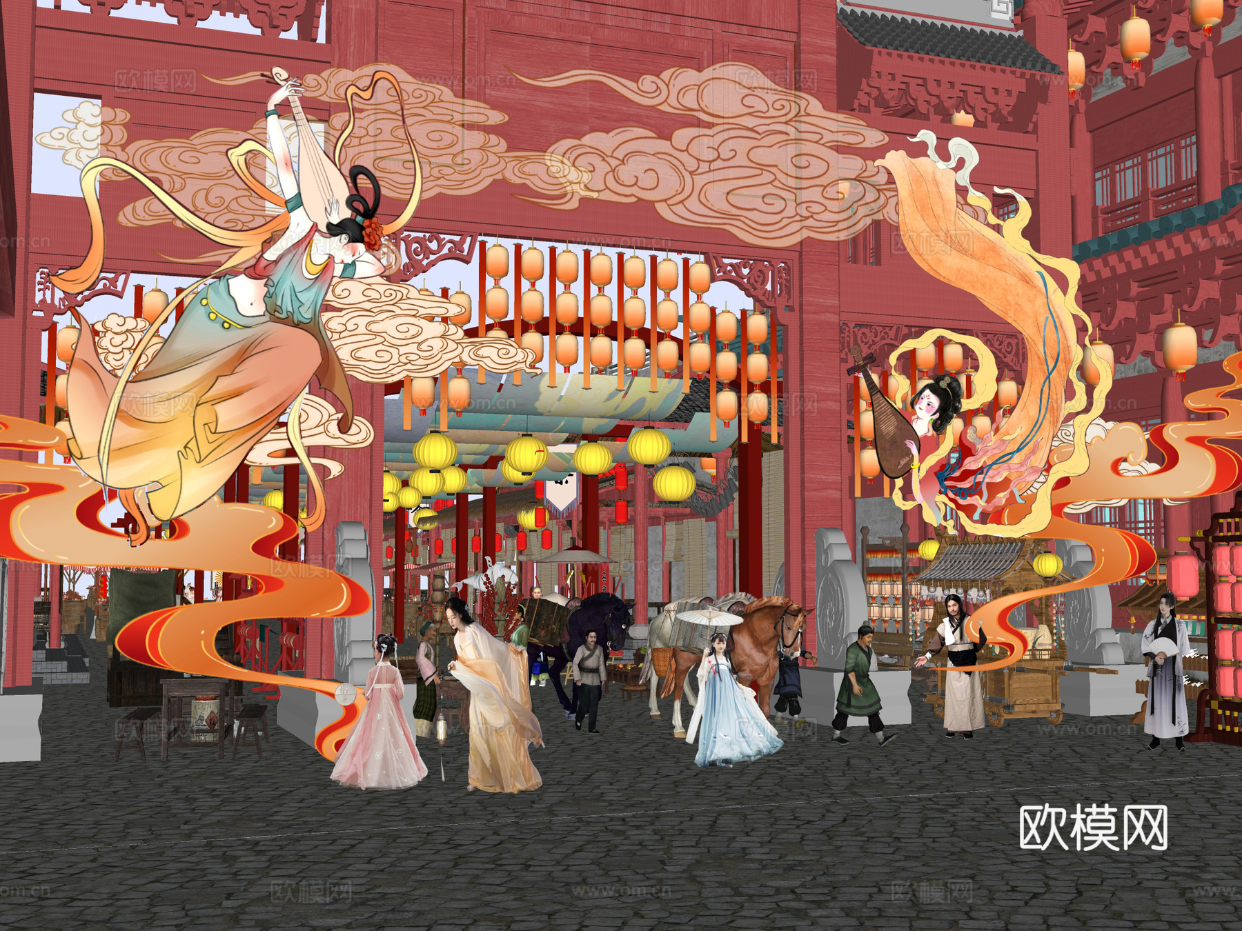 网红打卡国潮古风古镇集市su模型