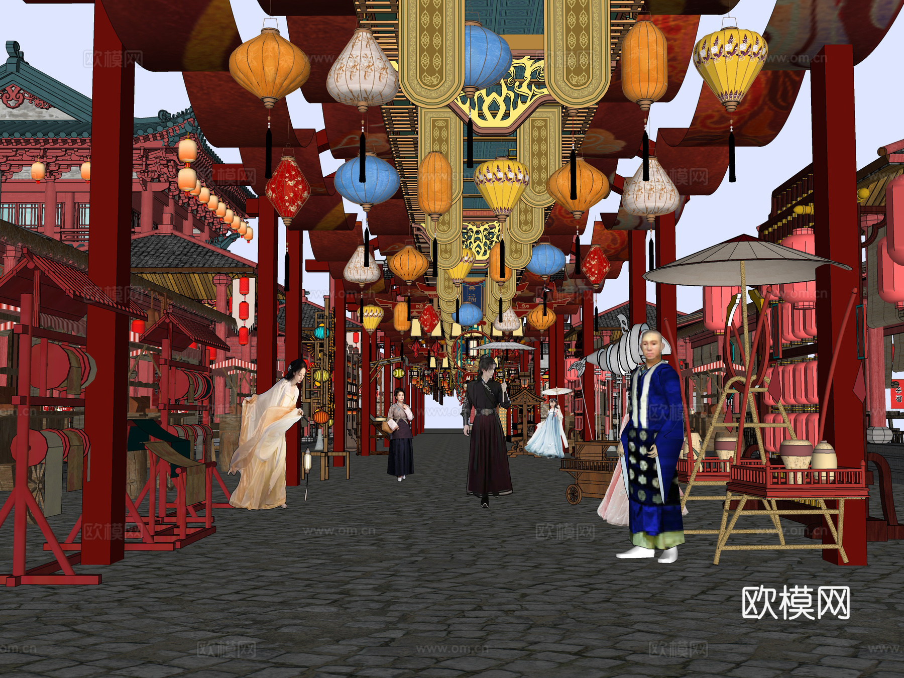 网红打卡国潮古风古镇集市su模型