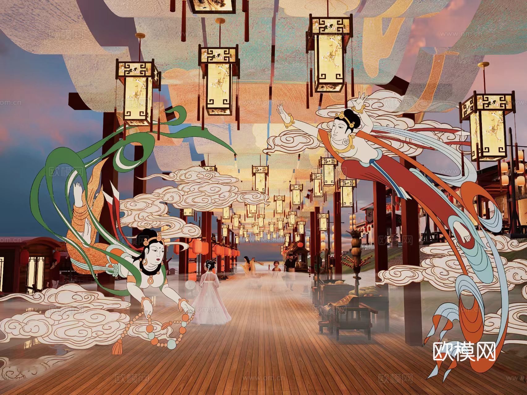 网红打卡国潮古风古镇集市su模型