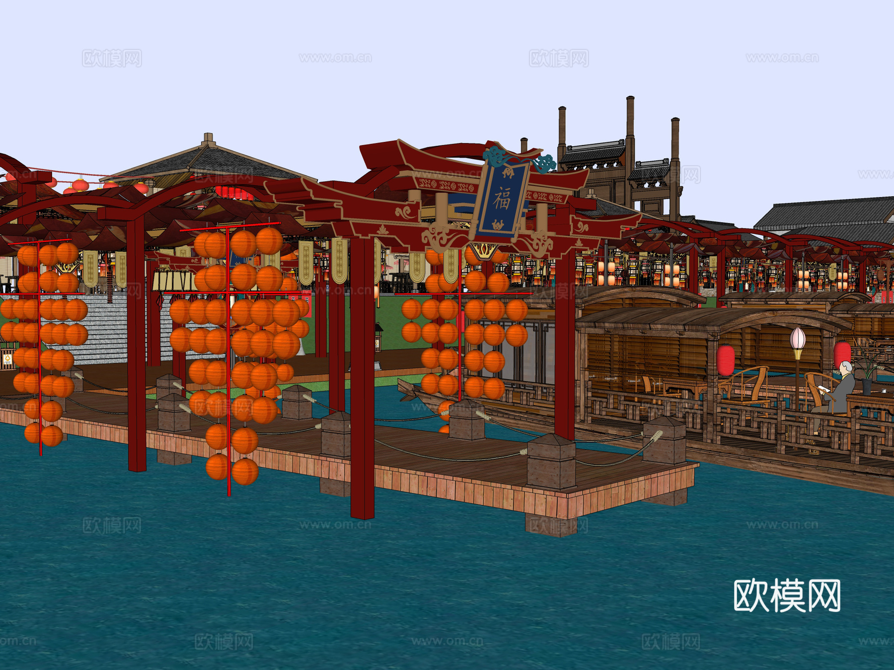 网红打卡国潮古风古镇集市su模型