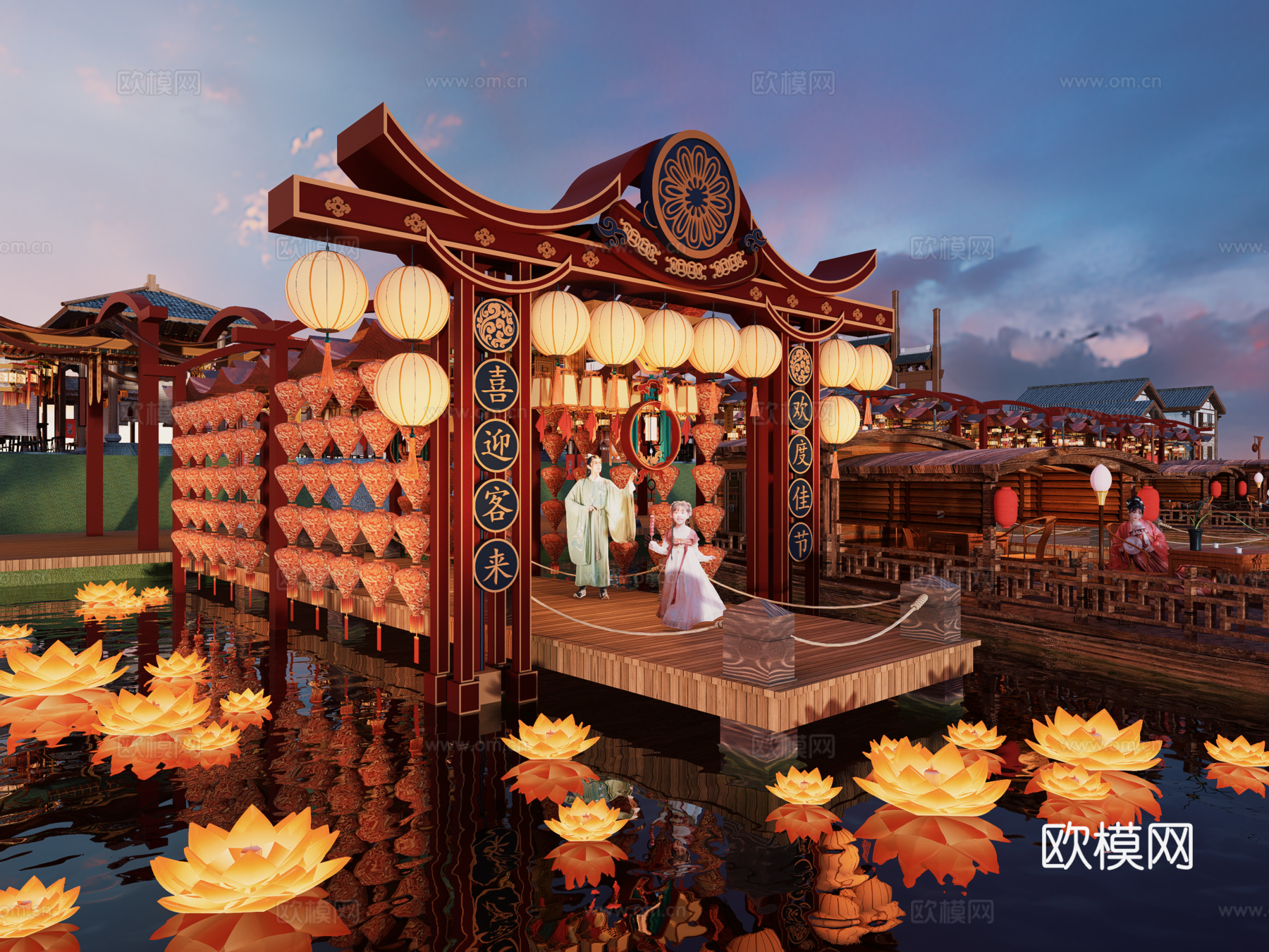 网红打卡国潮古风古镇集市su模型