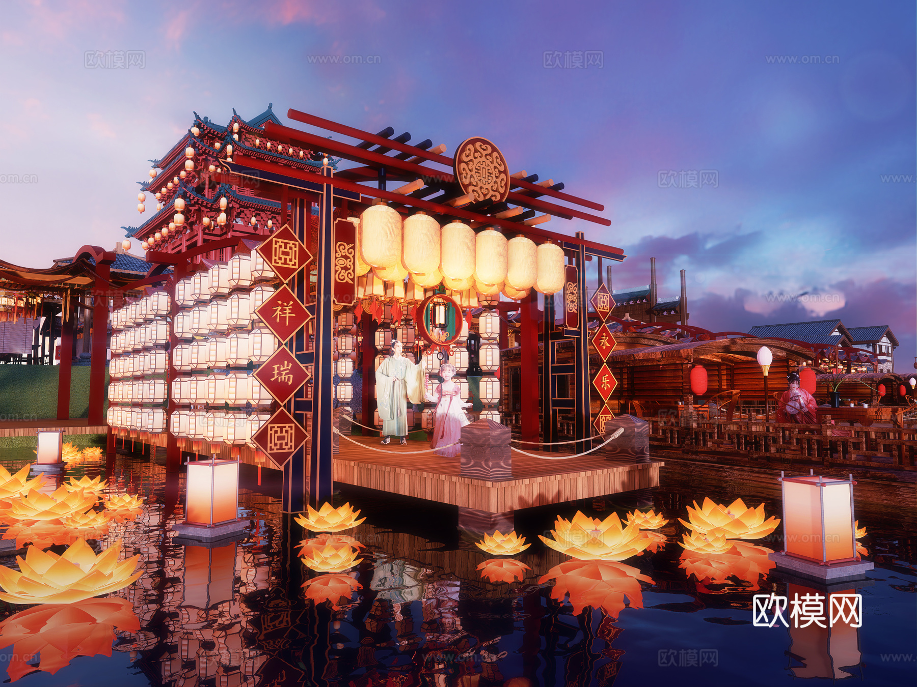 网红打卡国潮古风古镇集市su模型