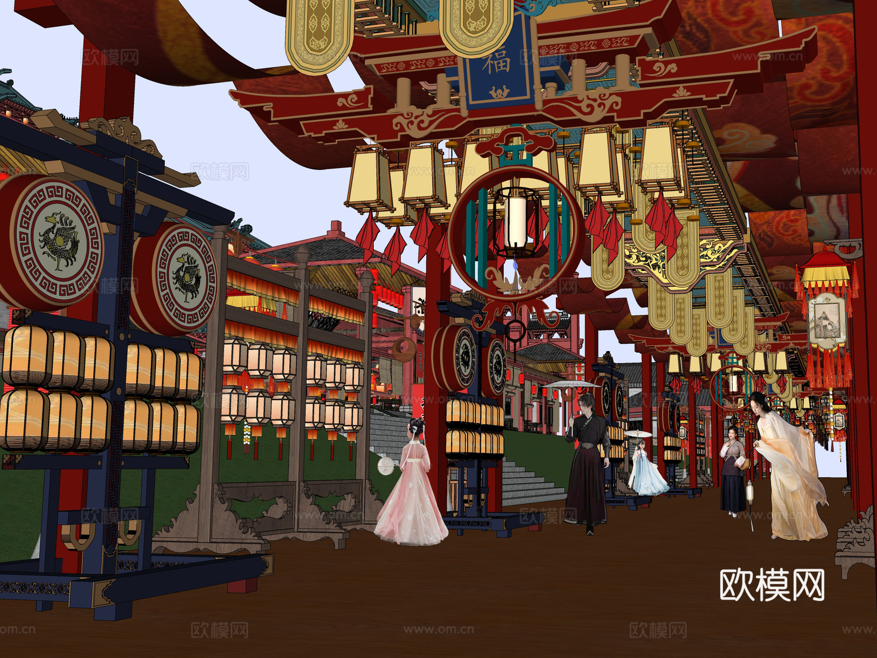 网红打卡国潮古风古镇集市su模型