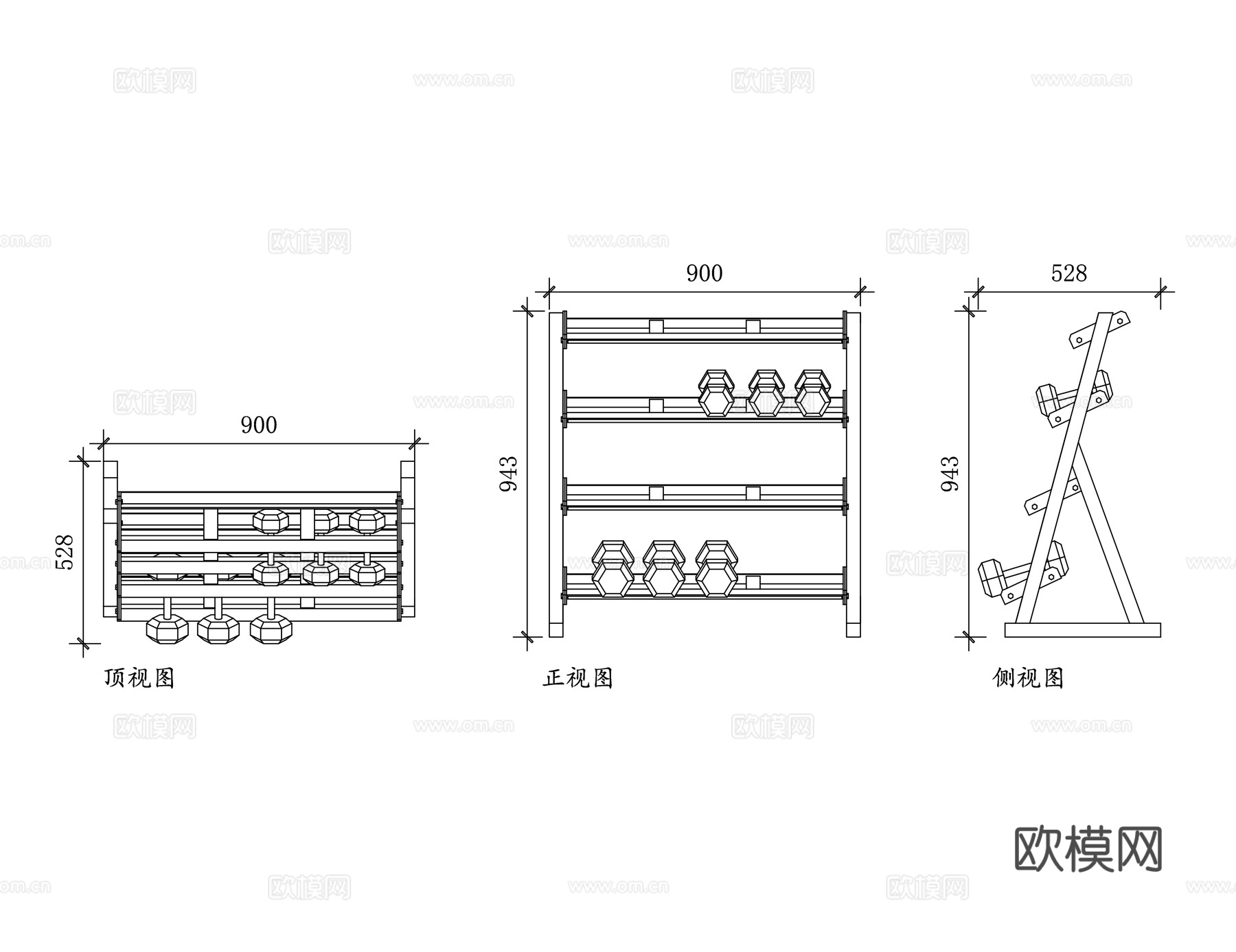 4层哑铃机架 四层哑铃架 哑铃收纳架 健身房哑铃架 商用哑铃cad施工图