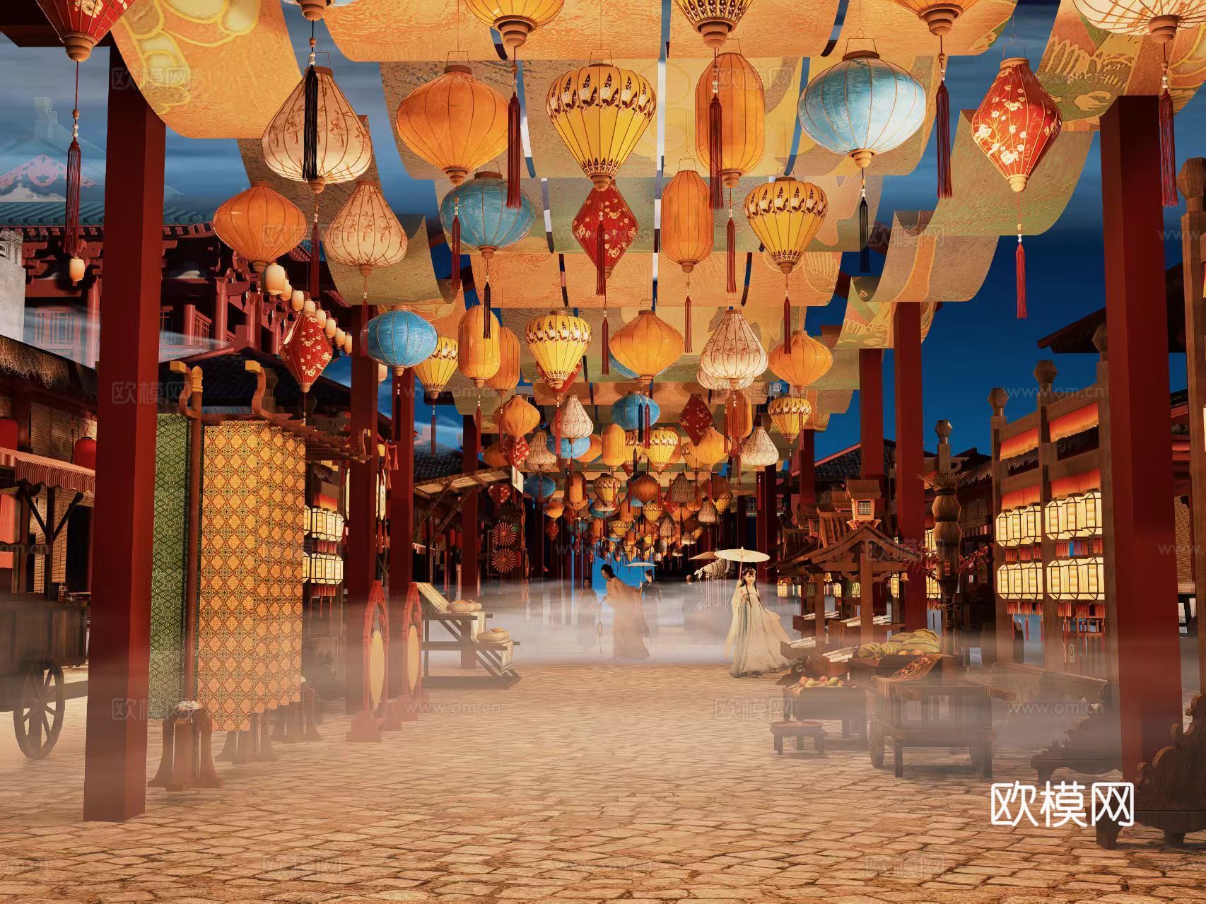 网红打卡国潮古风古镇集市su模型