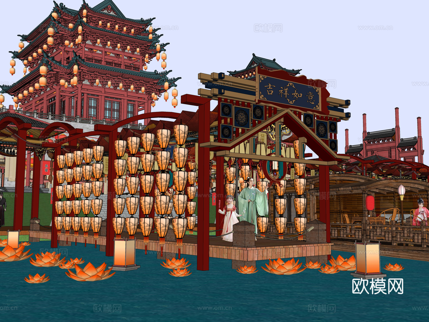 网红打卡国潮古风古镇集市su模型