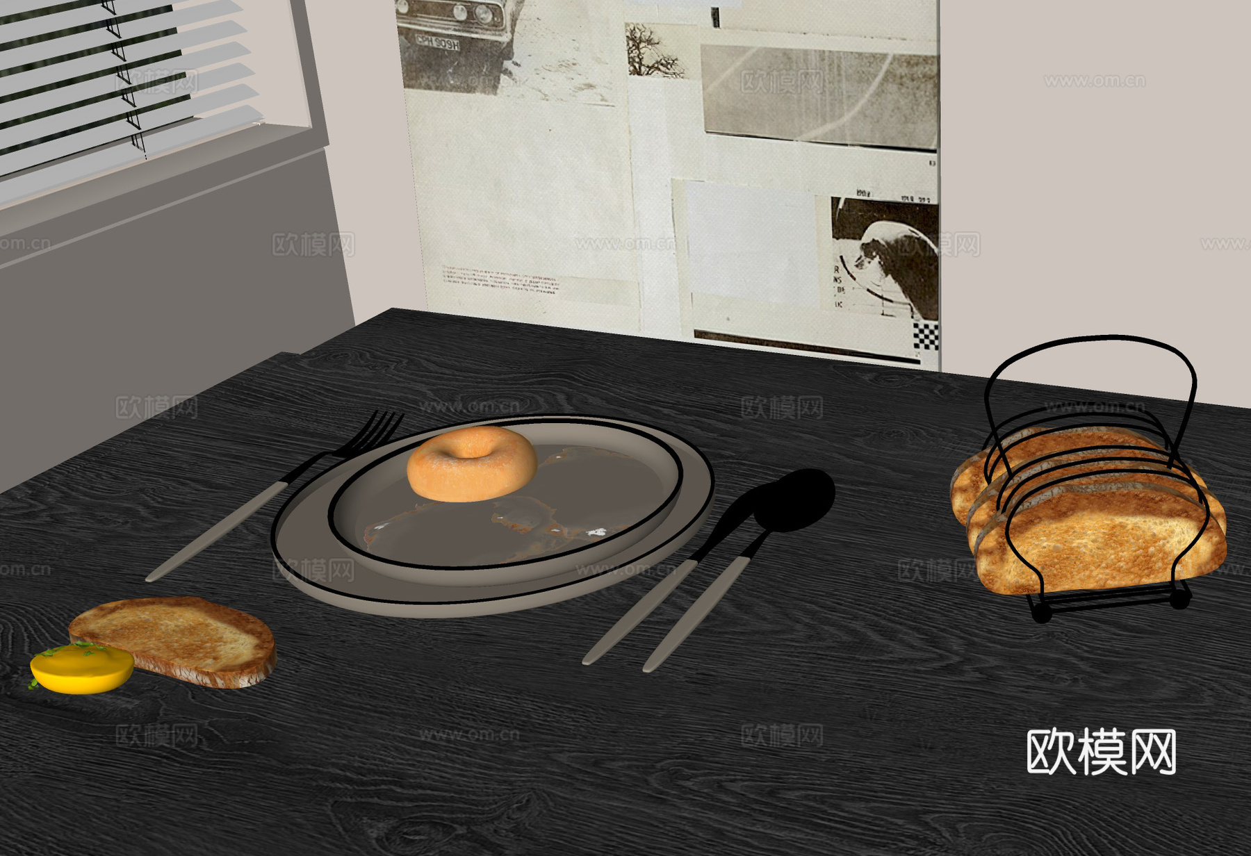 早餐摆盘  简约风餐具 木质餐桌 面包架 一人食早餐 氛围感su模型