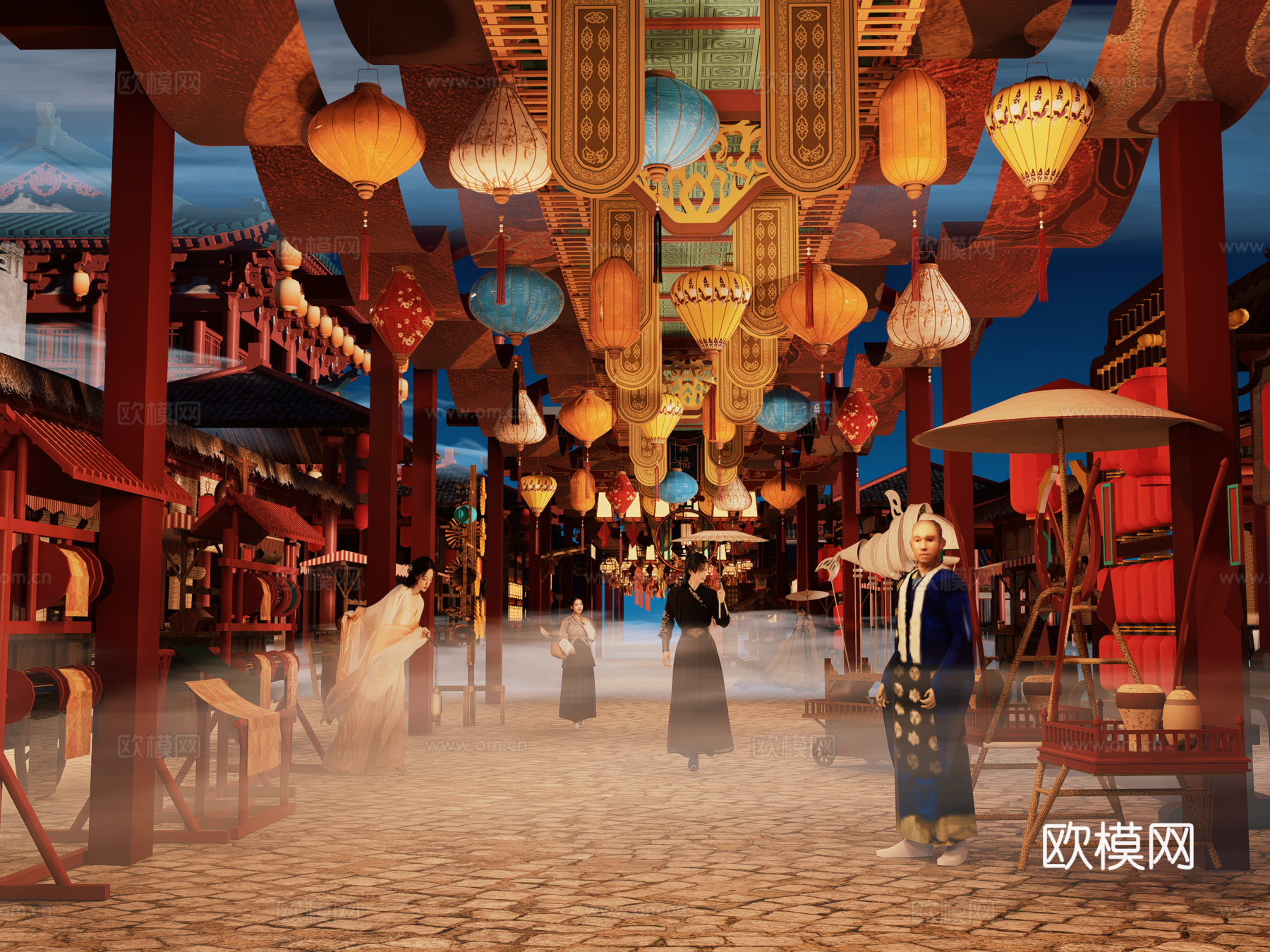 网红打卡国潮古风古镇集市su模型