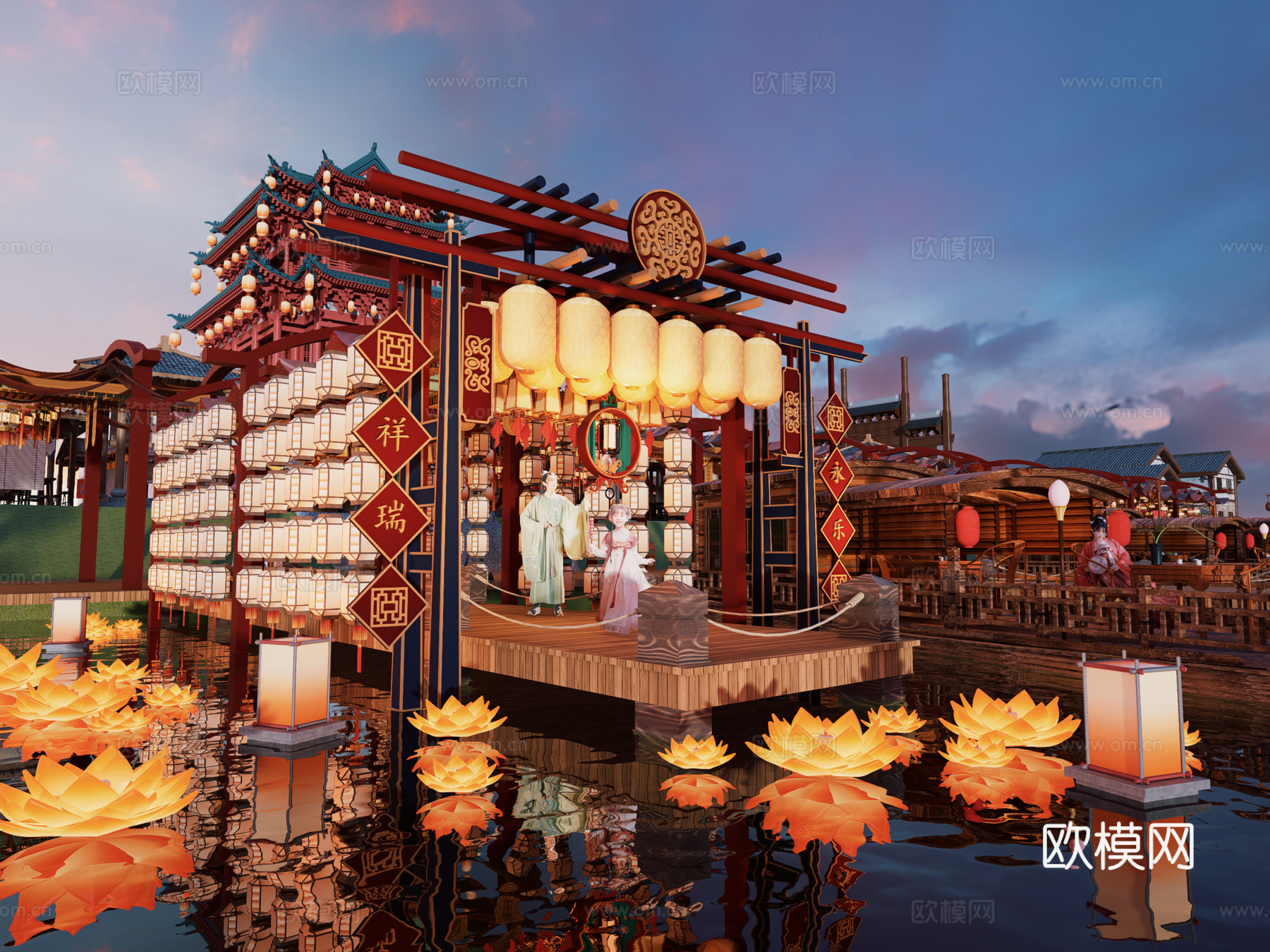 网红打卡国潮古风古镇集市su模型
