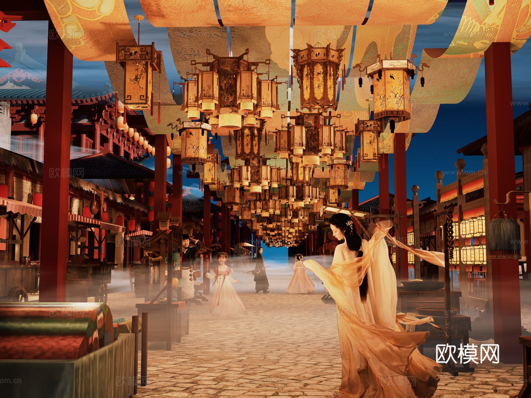 网红打卡国潮古风古镇集市su模型