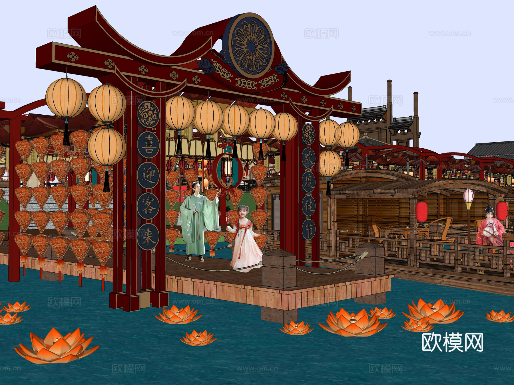 网红打卡国潮古风古镇集市su模型