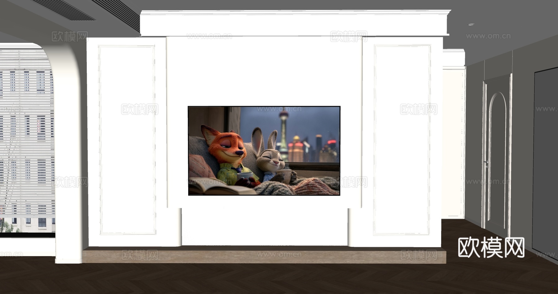 现代奶油电视背景墙 电视机su模型