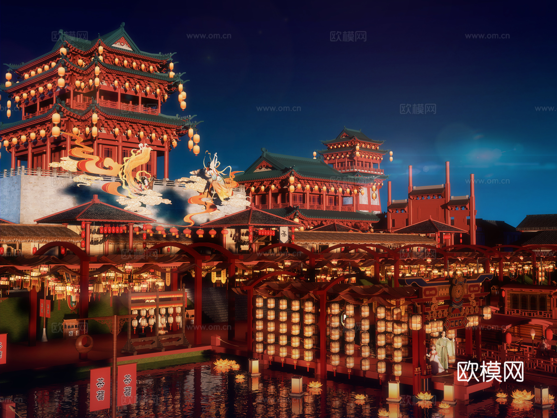 网红打卡国潮古风古镇集市su模型