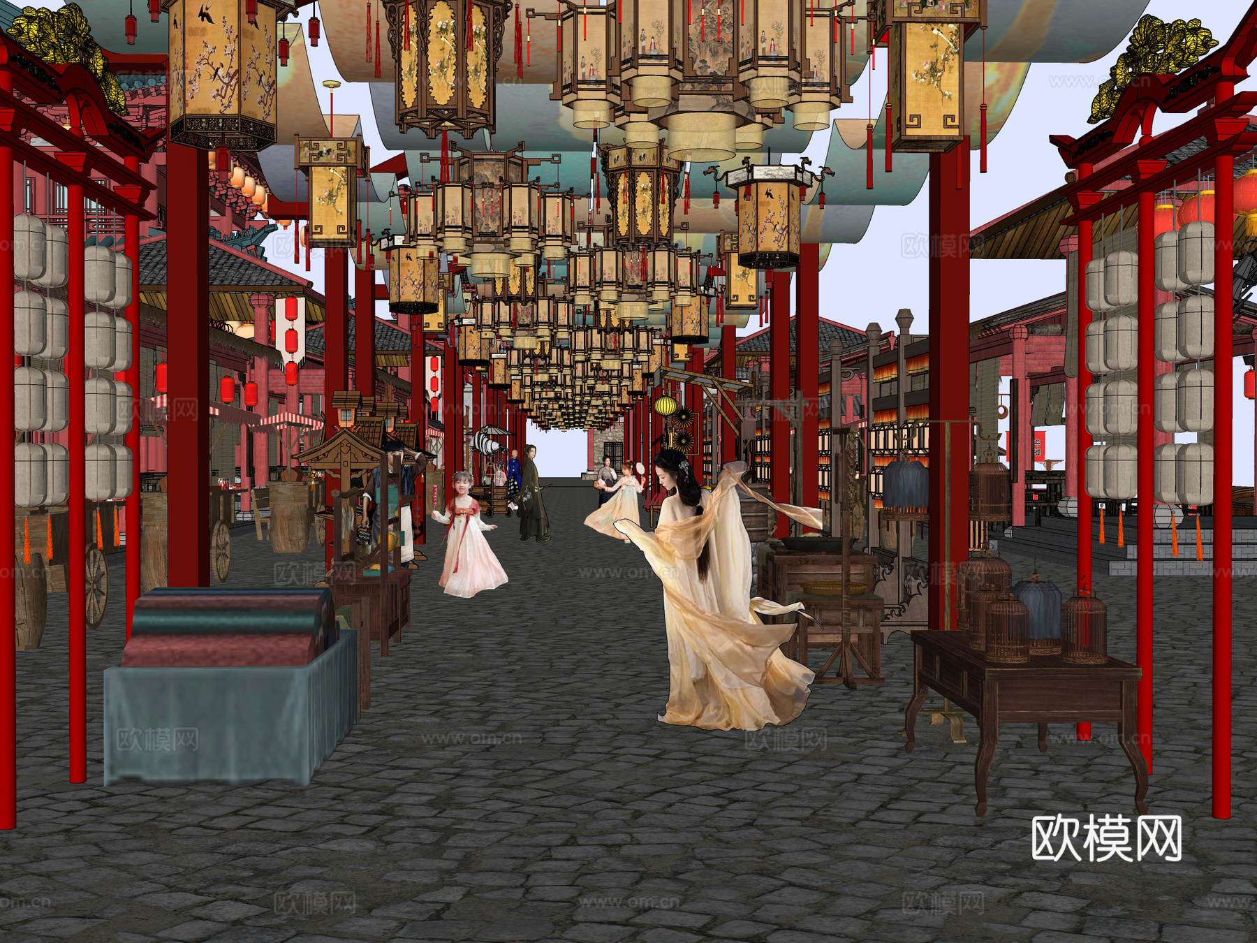 网红打卡国潮古风古镇集市su模型