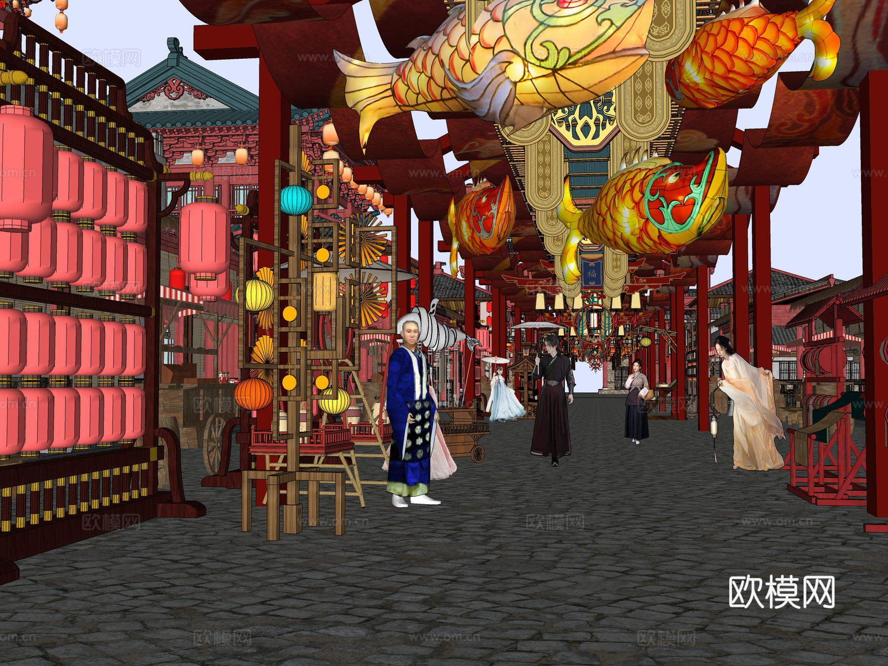 网红打卡国潮古风古镇集市su模型