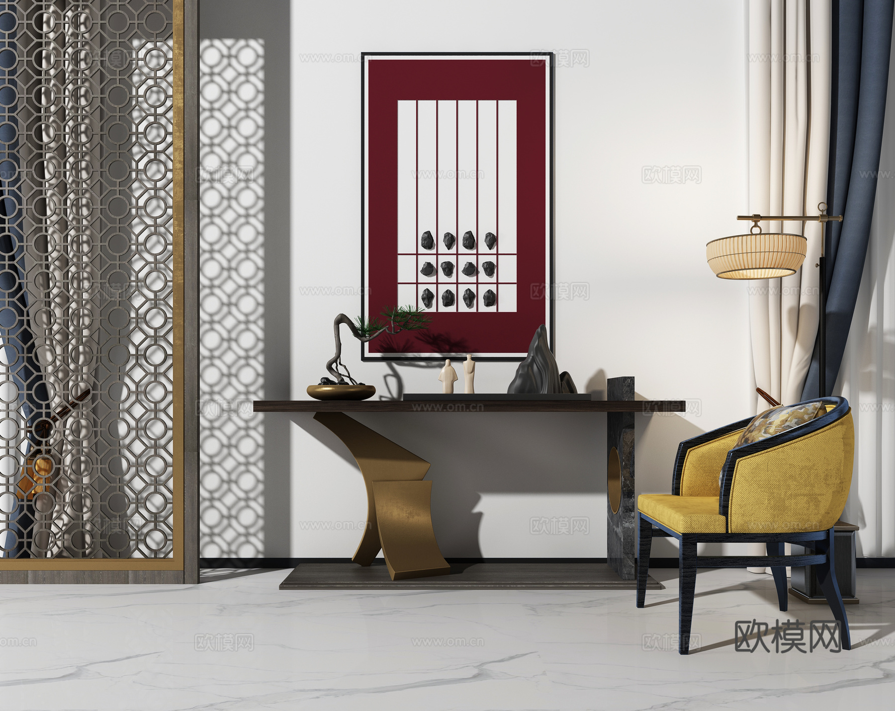 新中式单椅 玄关柜 挂画3d模型下载（渲染图2）