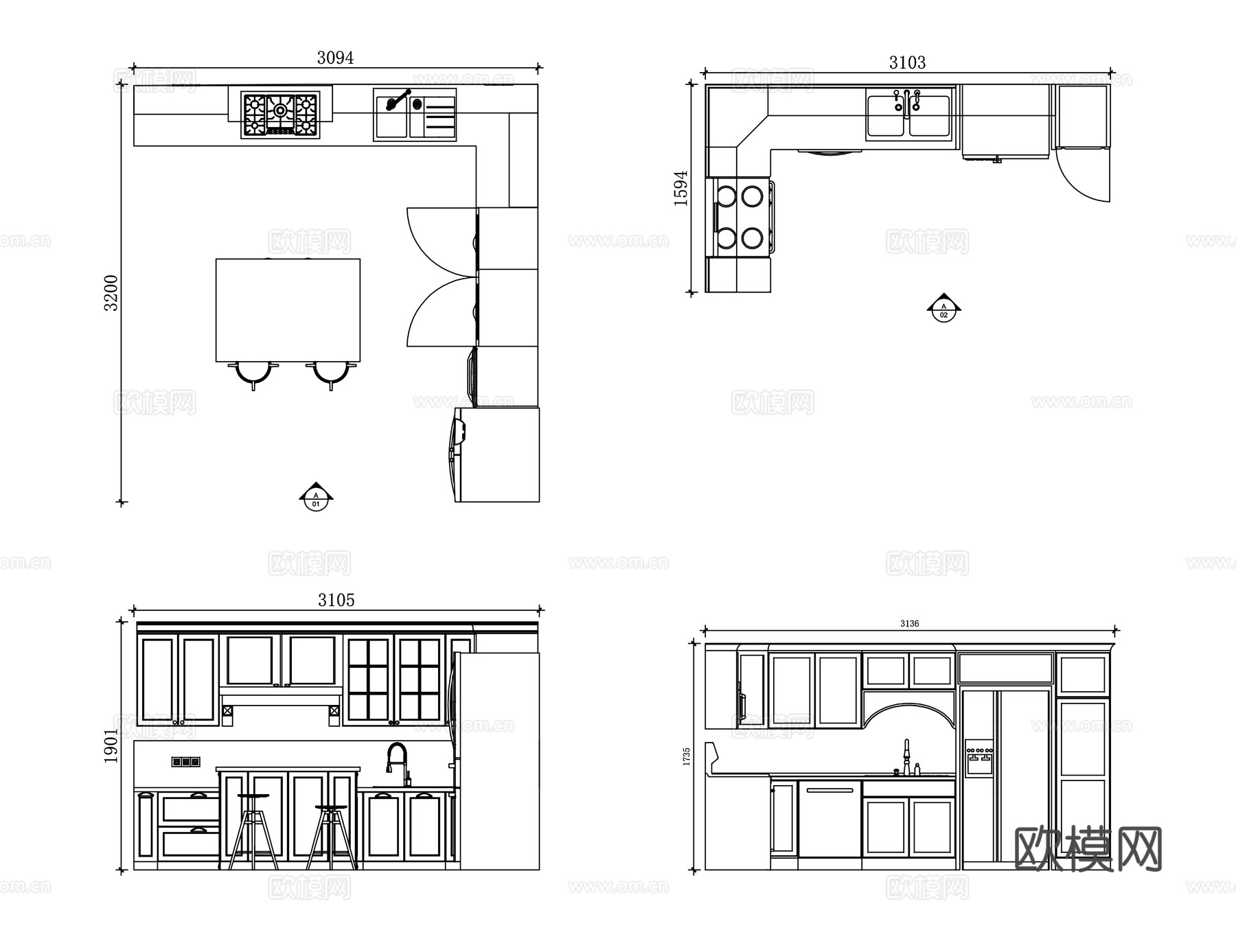 L形厨房布局 L型橱柜设计 L形操作台 转角厨房布局cad施工图