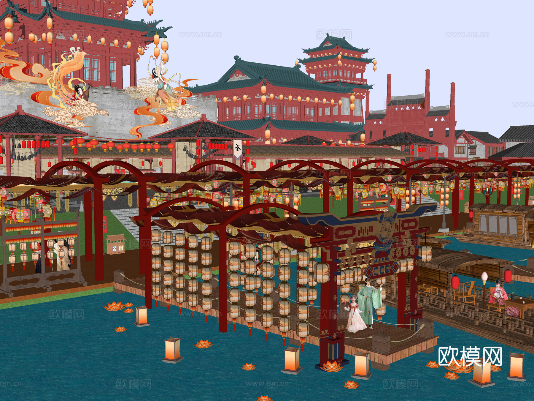 网红打卡国潮古风古镇集市su模型