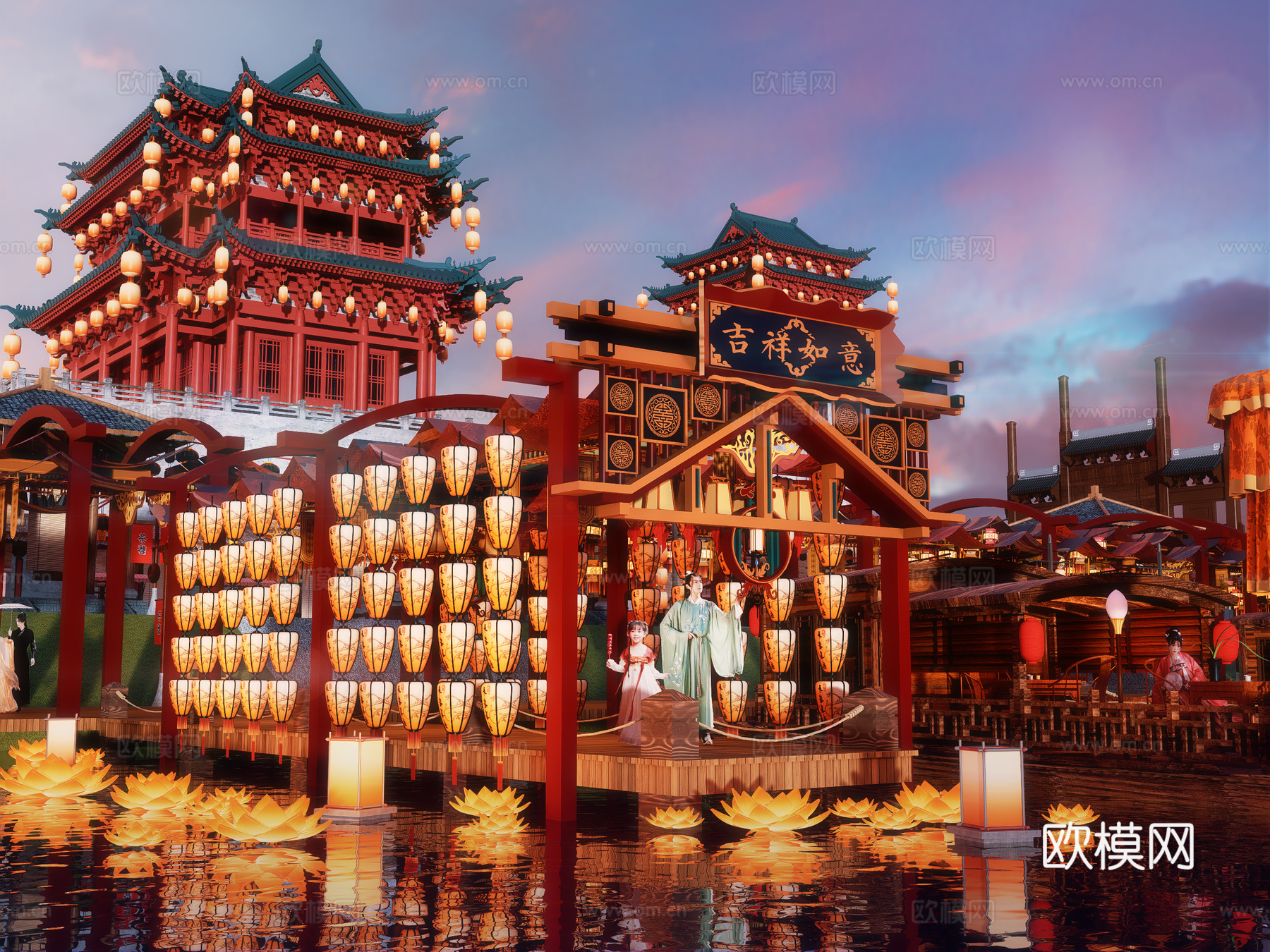 网红打卡国潮古风古镇集市su模型