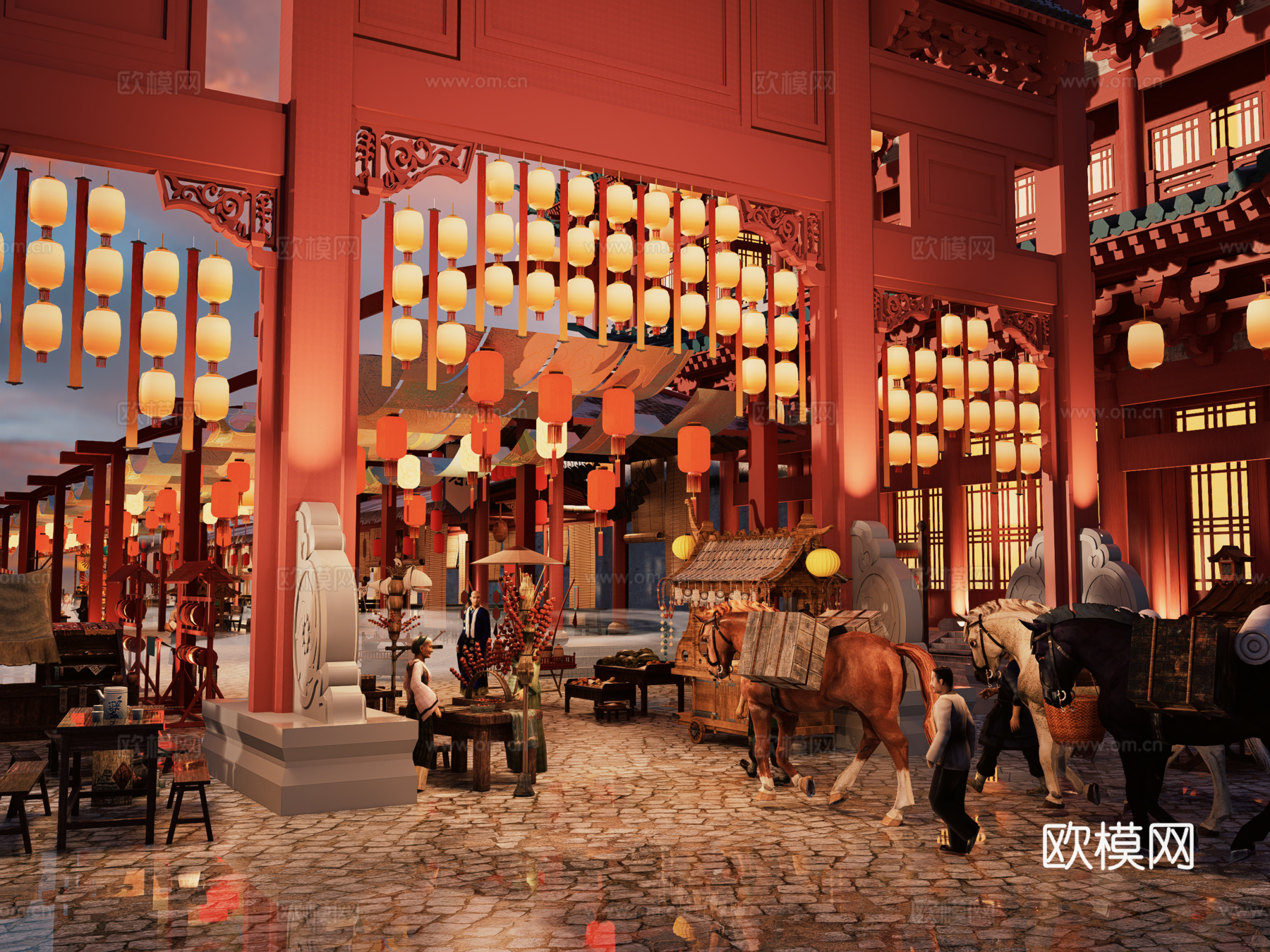 网红打卡国潮古风古镇集市su模型