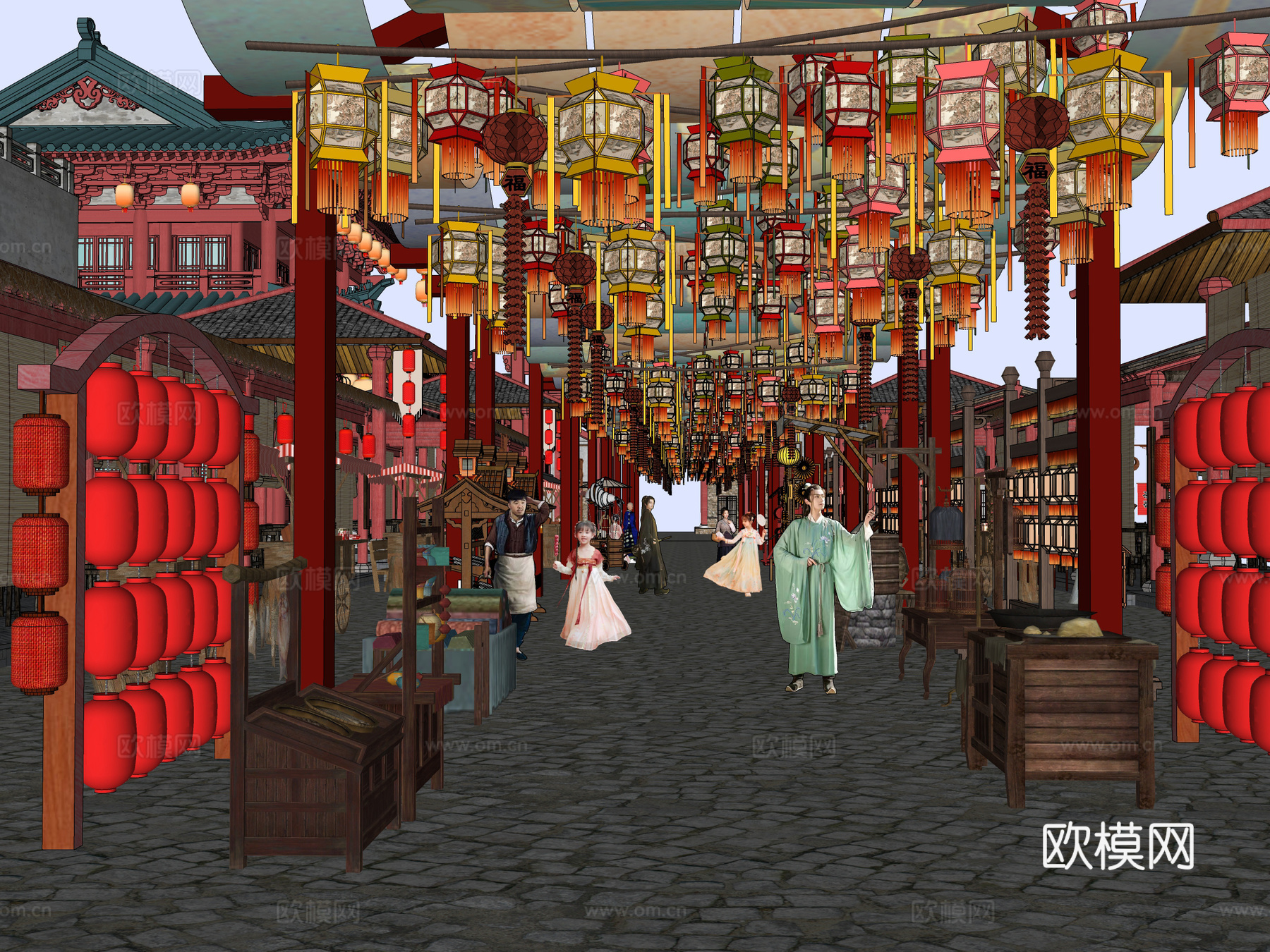 网红打卡国潮古风古镇集市su模型