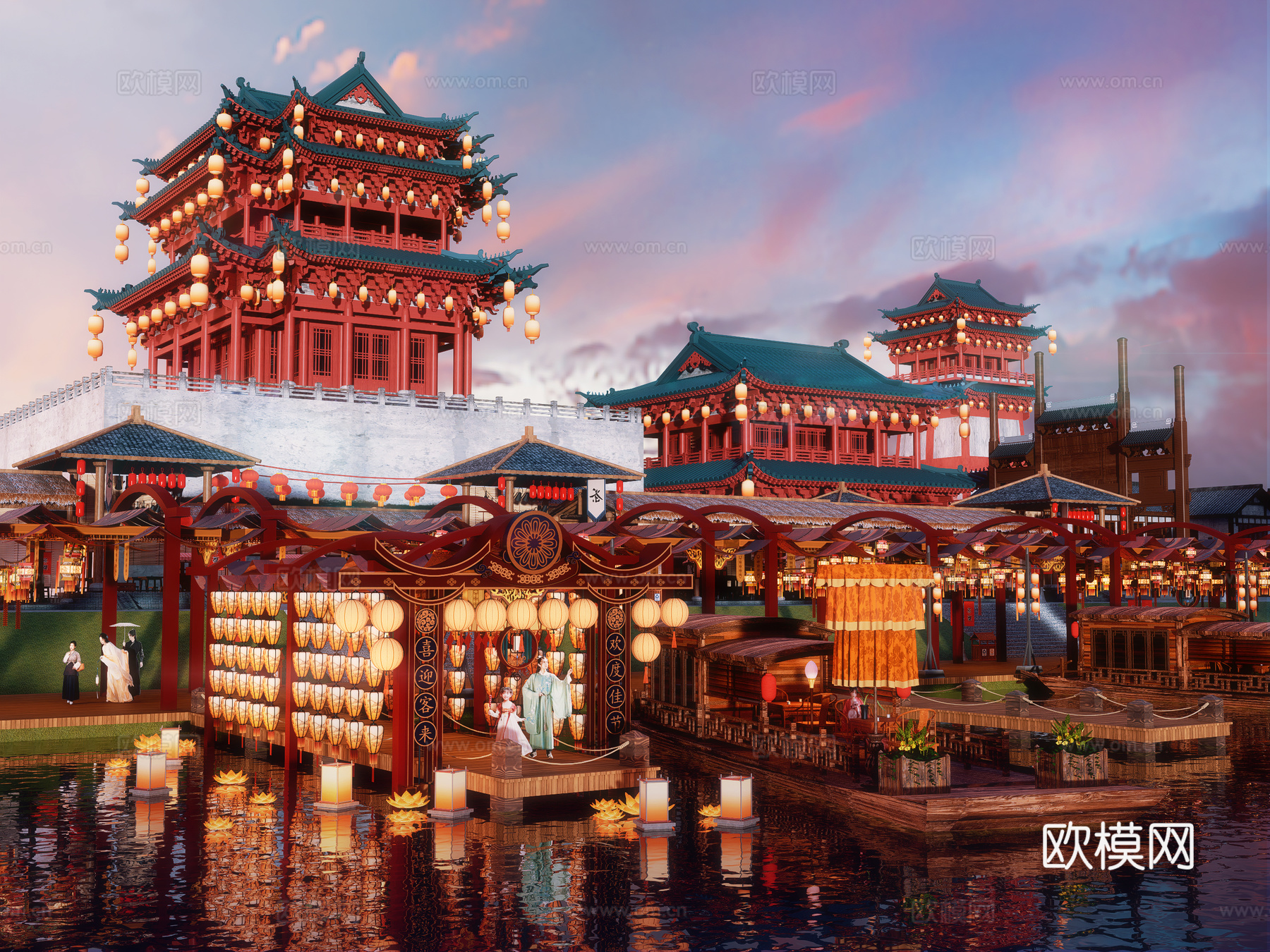 网红打卡国潮古风古镇集市su模型