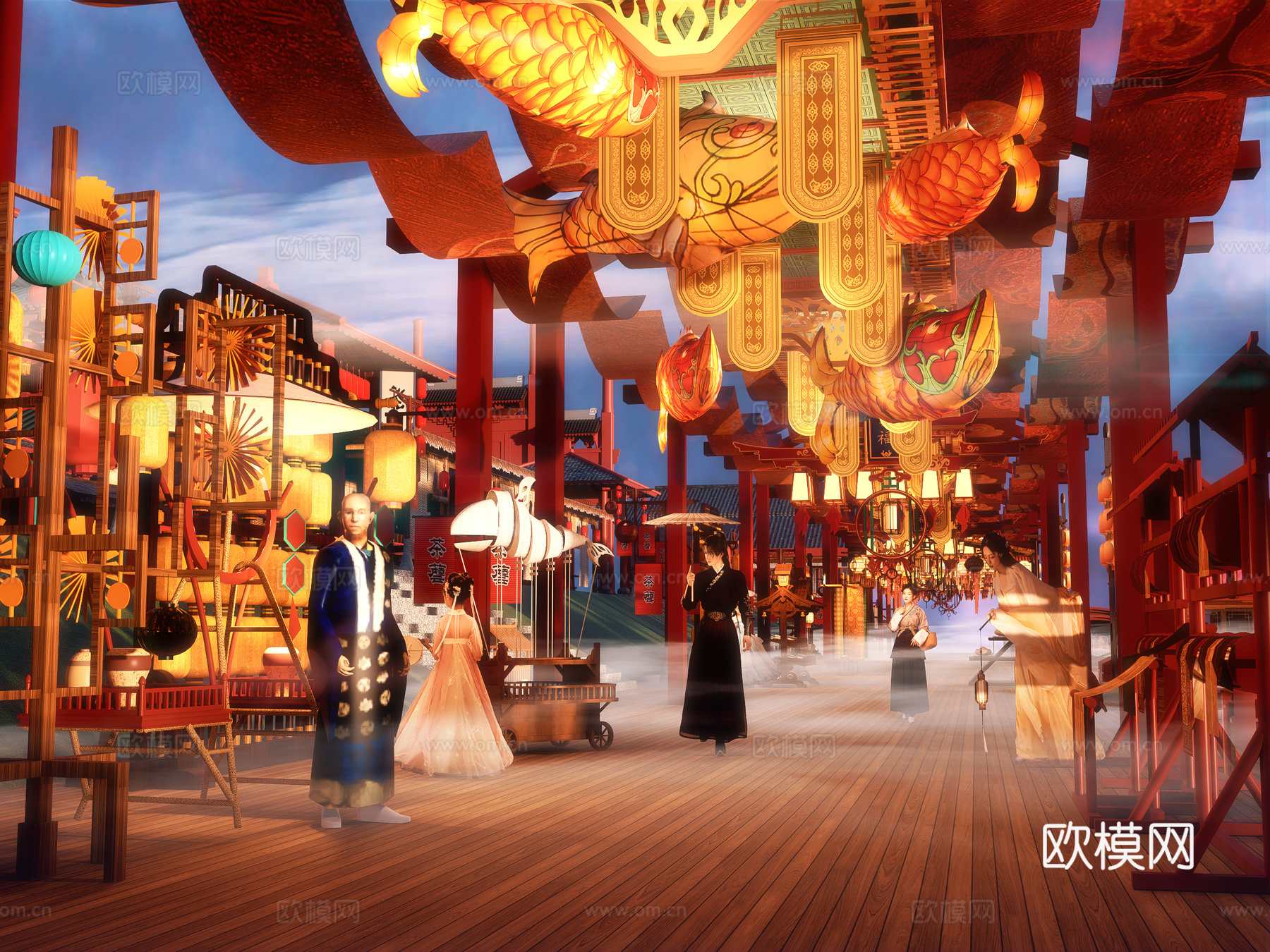 网红打卡国潮古风古镇集市su模型