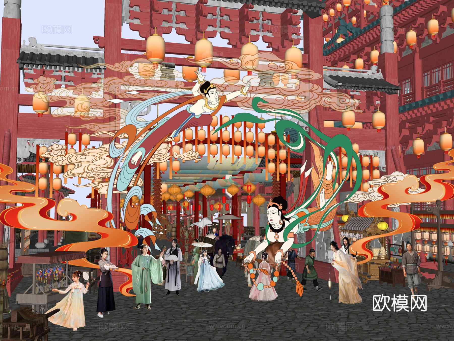 网红打卡国潮古风古镇集市su模型