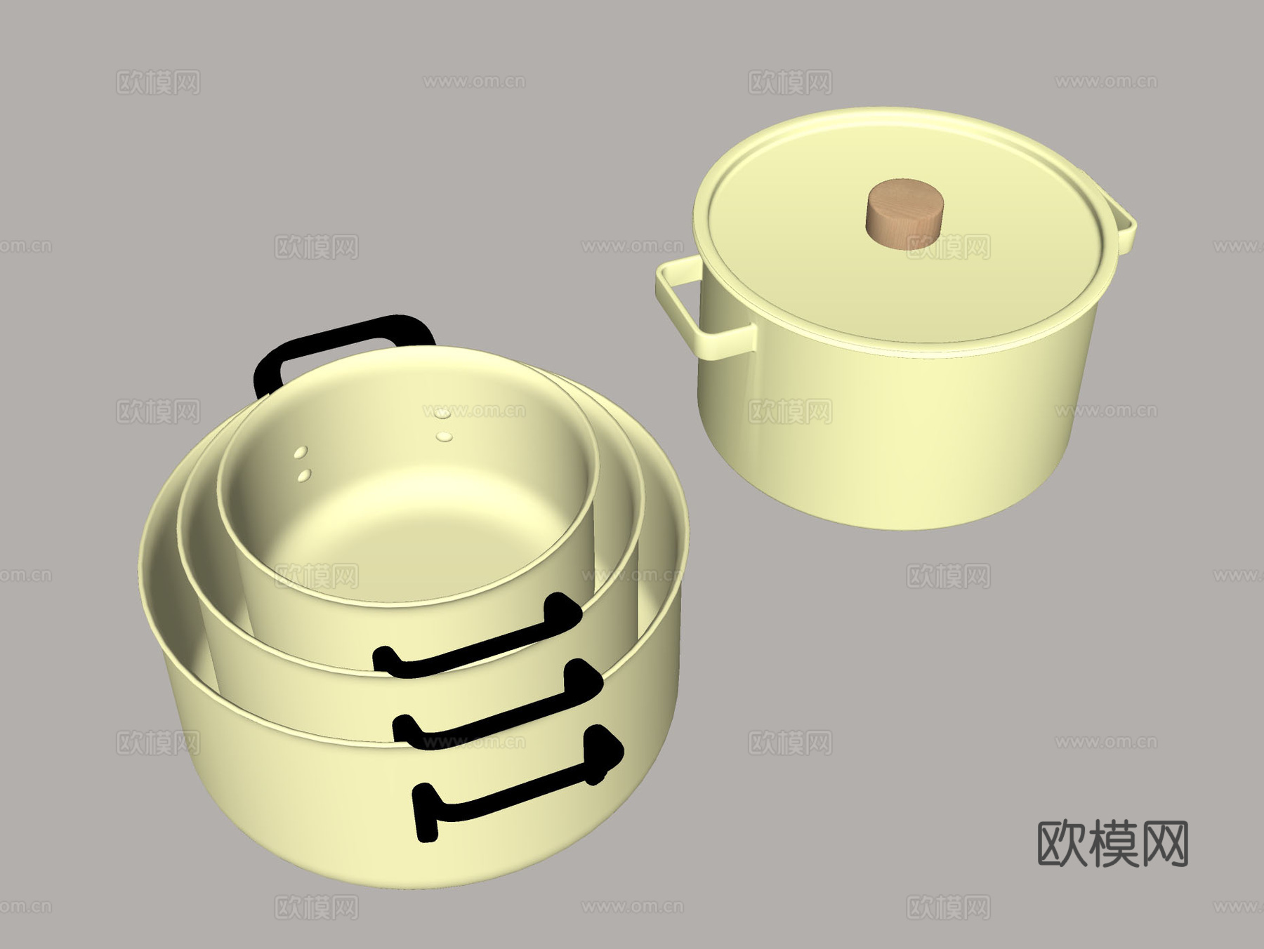 奶黄色锅具套装 双耳汤锅 不粘汤锅 可叠放厨具 高颜值厨房好su模型