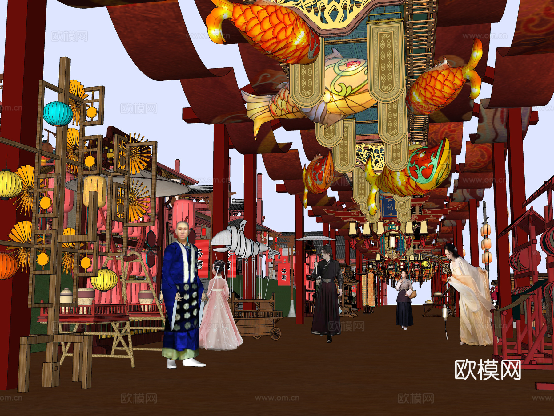 网红打卡国潮古风古镇集市su模型