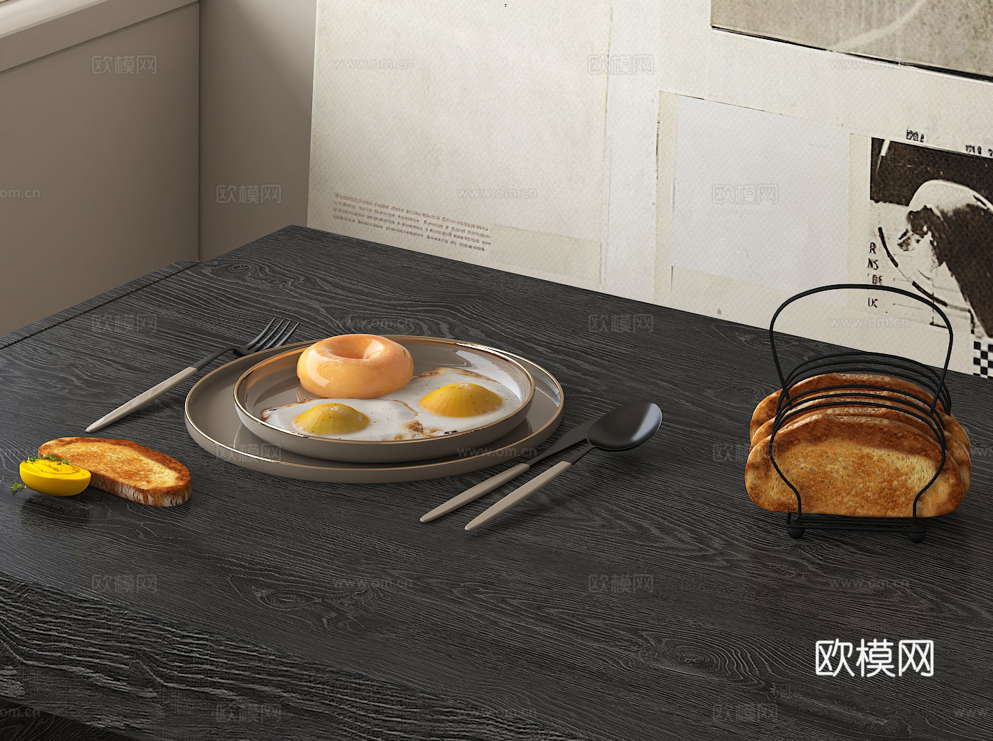 早餐摆盘  简约风餐具 木质餐桌 面包架 一人食早餐 氛围感su模型