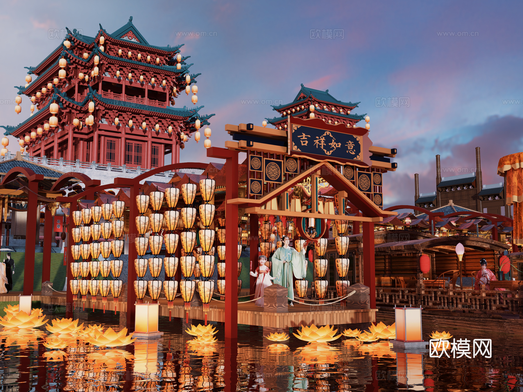 网红打卡国潮古风古镇集市su模型