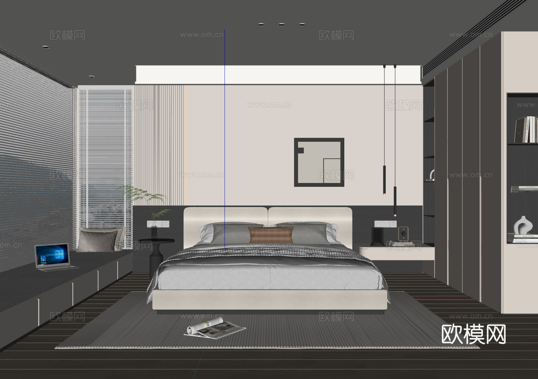 现代简约卧室 布艺双人床 床头柜 吊灯 挂画 衣柜 地毯su模型